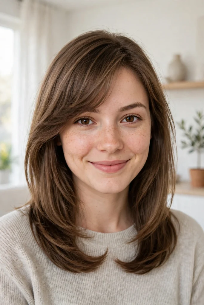 A woman with a U-shaped cut and a side-swept fringe, smiling gently at the camera in a light, modern room, shown from the shoulders up, with the fringe blending into the longer lengths.