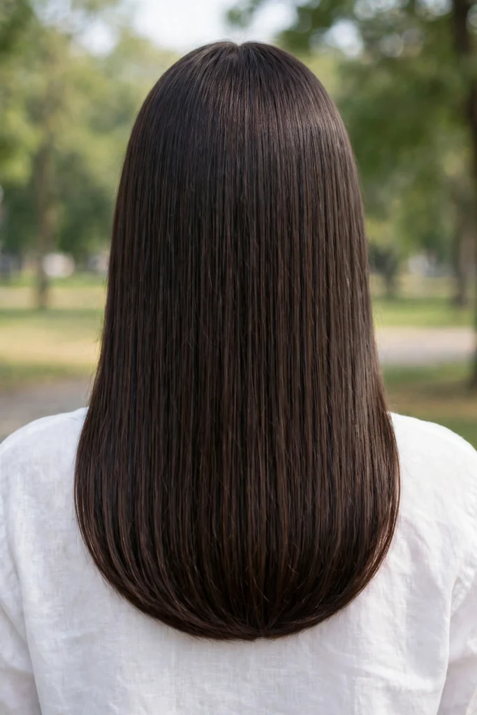 Back view of a woman with a deep U-shaped cut and sleek straight hair, photographed outdoors in soft daylight with a blurred park background, emphasising the swing of the curved hem.