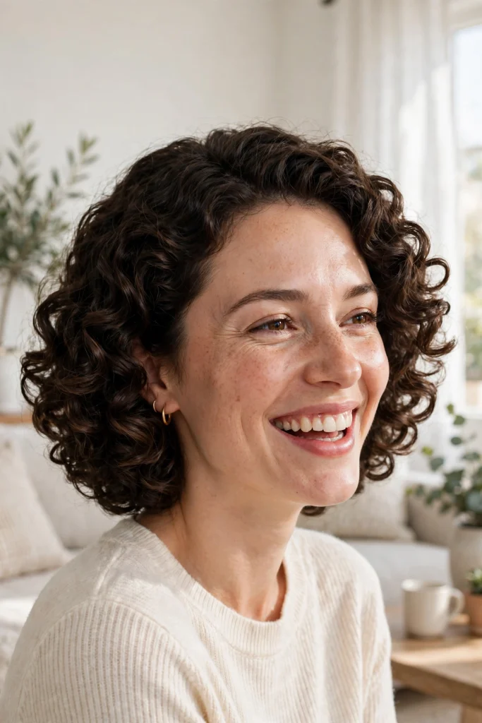 A woman with curly hair in a U-shaped cut, laughing softly in a bright living room, shown from the shoulders up, with the rounded curl silhouette framing her face.
