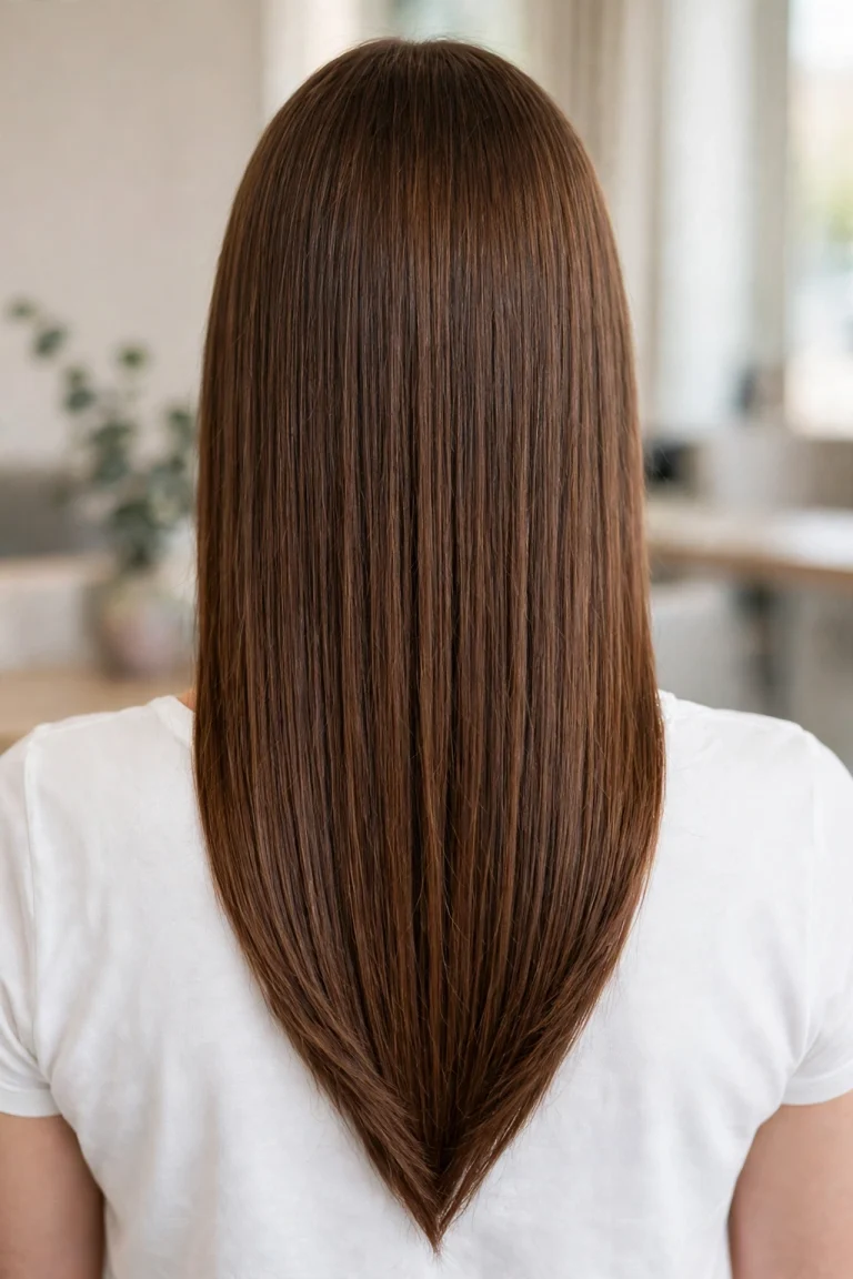 A woman with very long, straight chestnut hair cut in a sharp V-shape, photographed from the back in a bright salon, with the pointed silhouette clearly visible against a soft neutral background, wearing a simple white top, clean bright professional photograph.