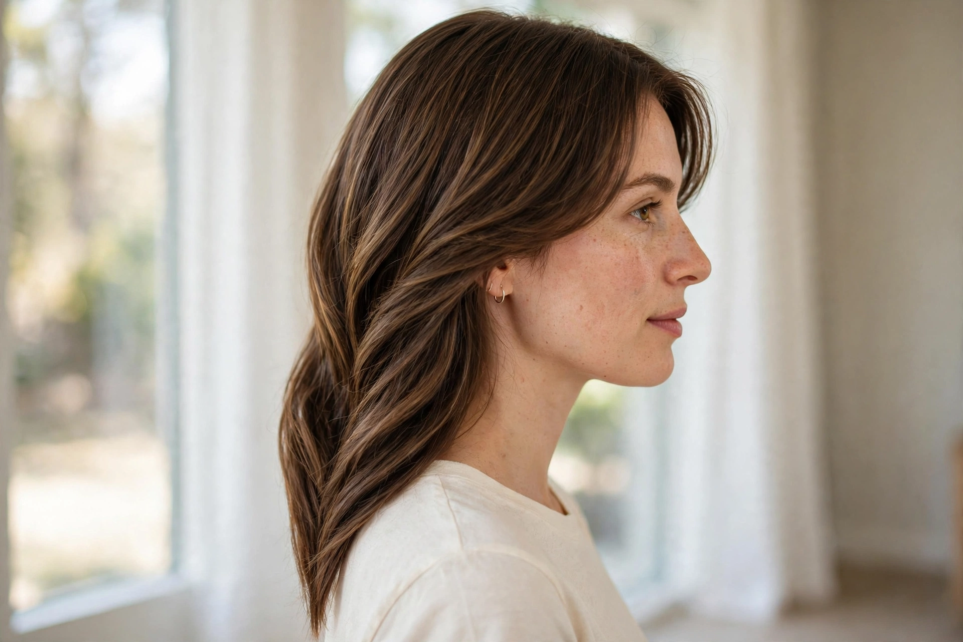 Side view of a woman with a V-shaped cut and soft waves, standing in natural window light, showing how the angled sides taper toward the longer back point.