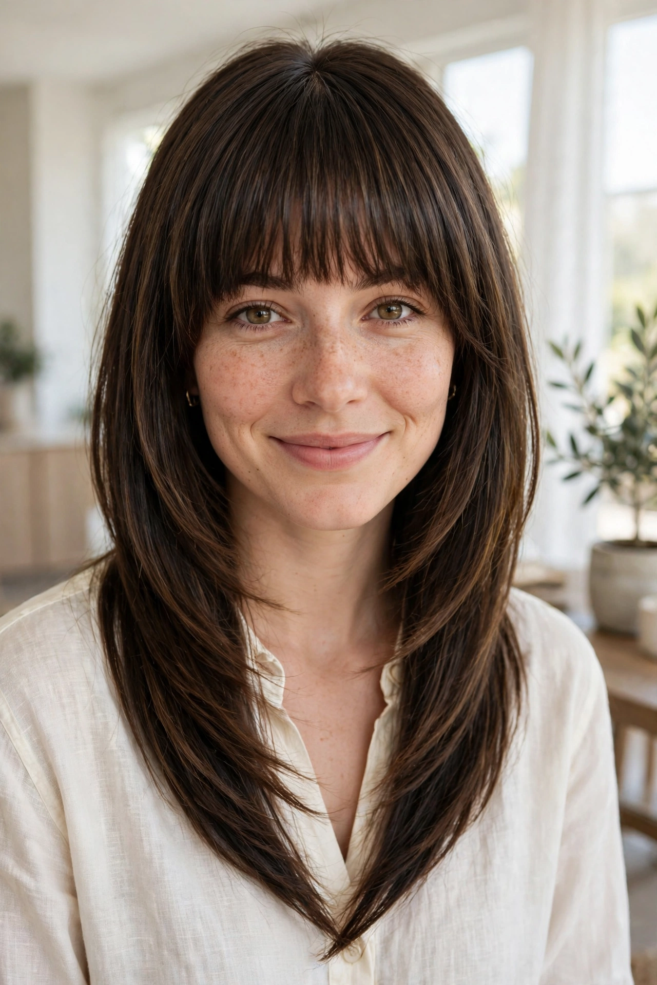 A woman with a V-shaped cut and a full fringe, shown from the shoulders up in a bright room, smiling softly, with the fringe and the long angled lengths framing the portrait.