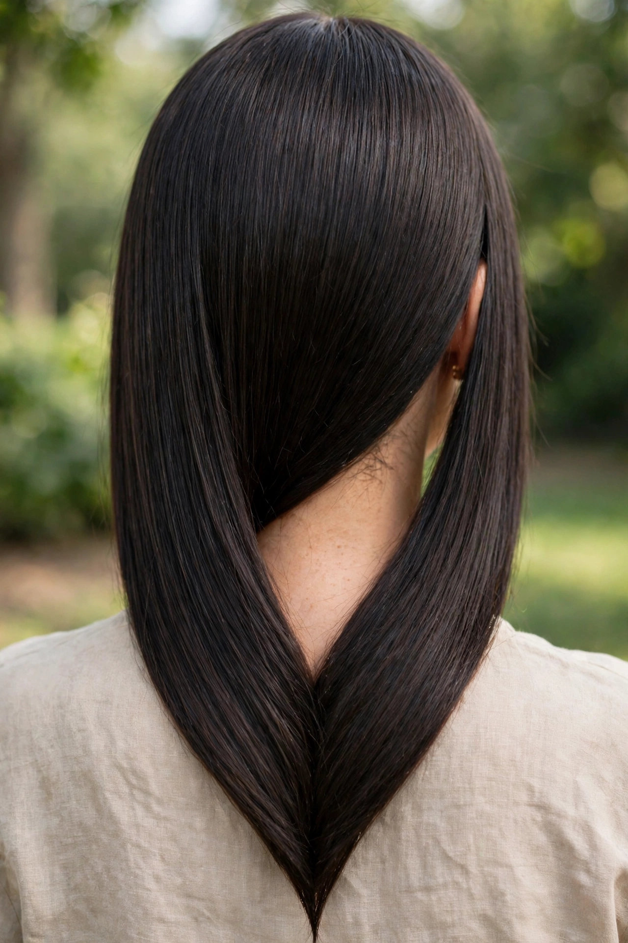 Back view of a woman with a deep V-shaped cut and sleek straight hair, photographed outdoors in gentle daylight with blurred greenery behind her, emphasising the dramatic point.