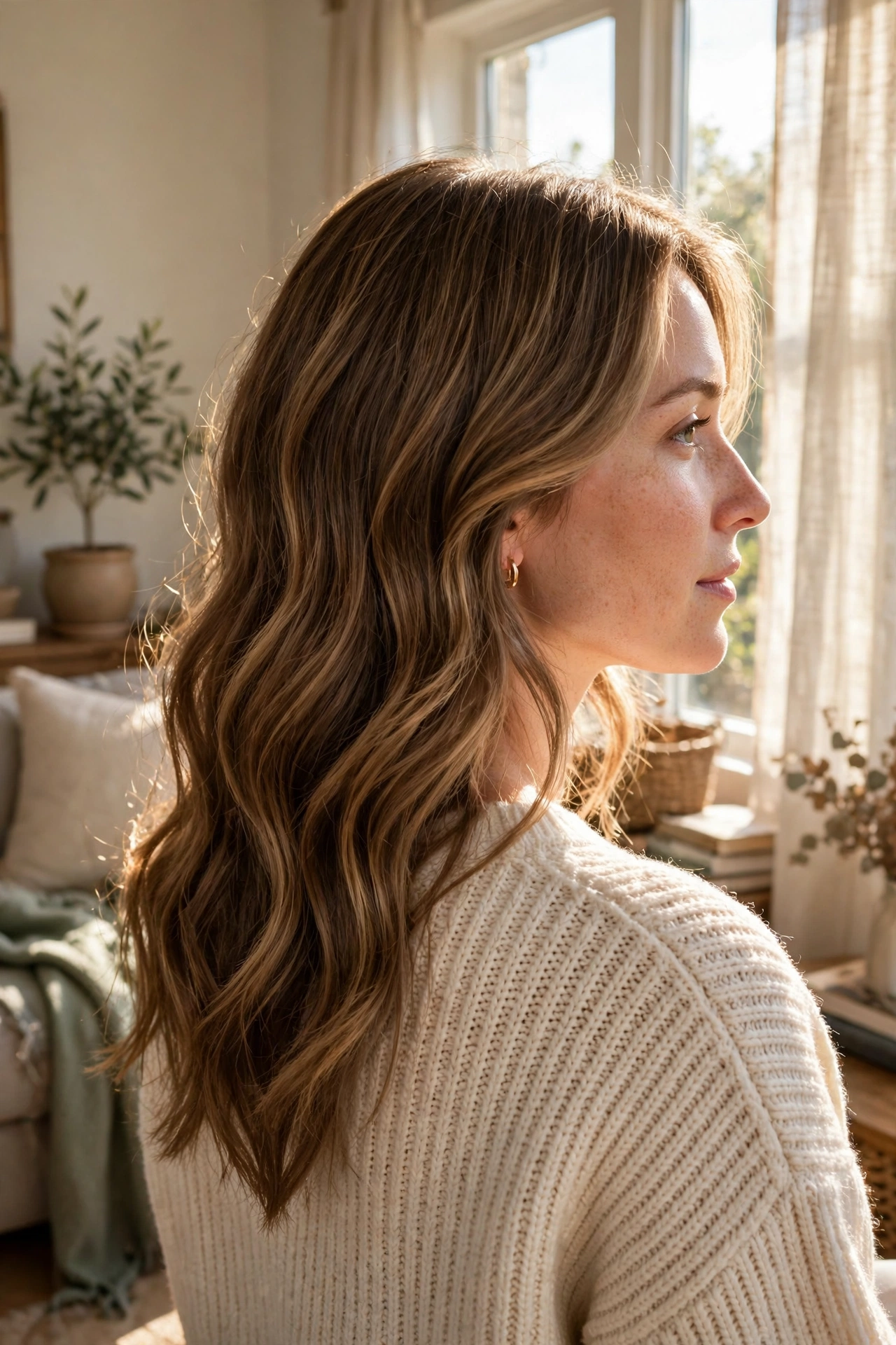 A woman with wavy hair in a gentle V-shaped cut, sitting by a sunny window in a cosy living room, with the soft point and waves clearly visible.