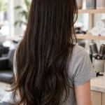 A woman with very long, thick dark brown hair that falls smoothly past her shoulders, photographed from the back in a bright salon, showing a full but lightweight shape with soft movement at the ends, wearing a simple grey top, clean bright professional photograph.