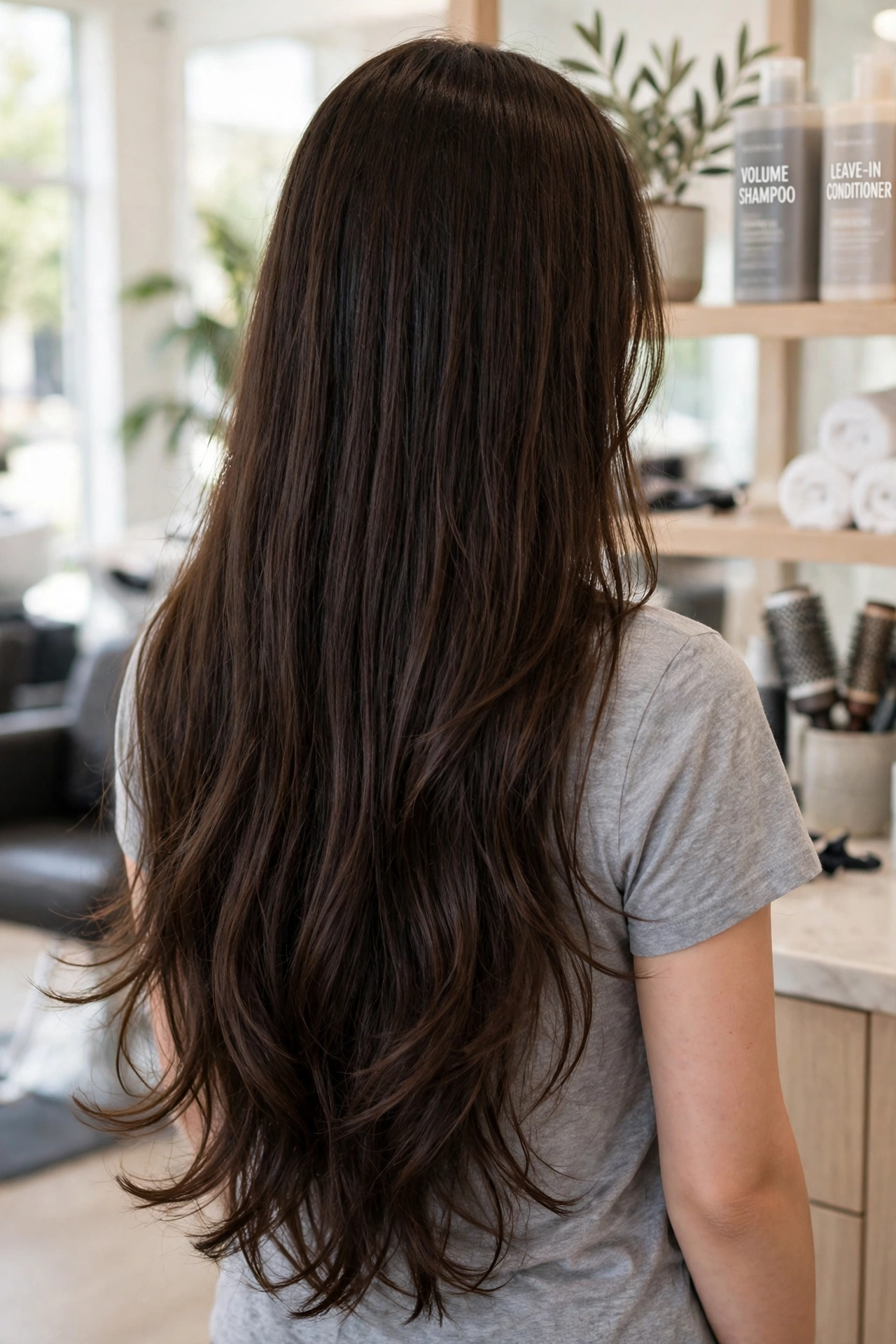 A woman with very long, thick dark brown hair that falls smoothly past her shoulders, photographed from the back in a bright salon, showing a full but lightweight shape with soft movement at the ends, wearing a simple grey top, clean bright professional photograph.