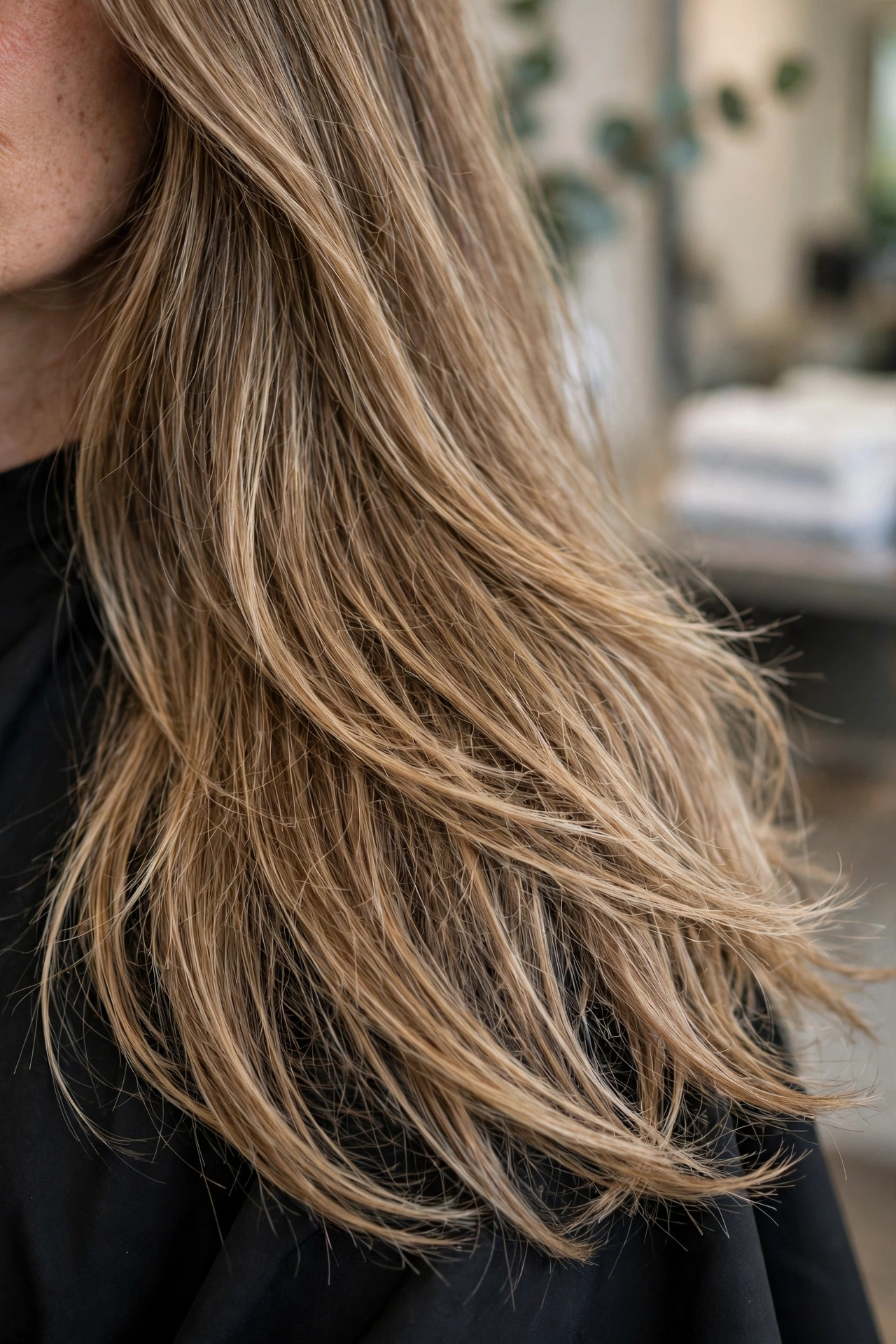 Close-up of thick, long hair with smooth, swinging lengths and light, airy ends, photographed in a salon under soft studio lighting.