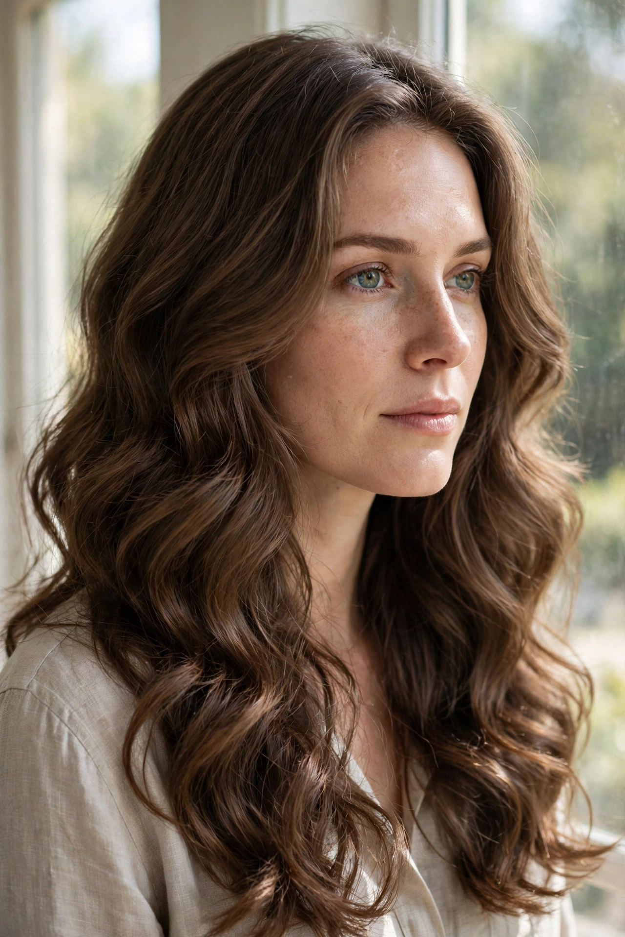 A woman with long thick hair and soft waves, standing by a window in natural daylight, shown from the shoulders up, with the waves breaking up the density of the hair.