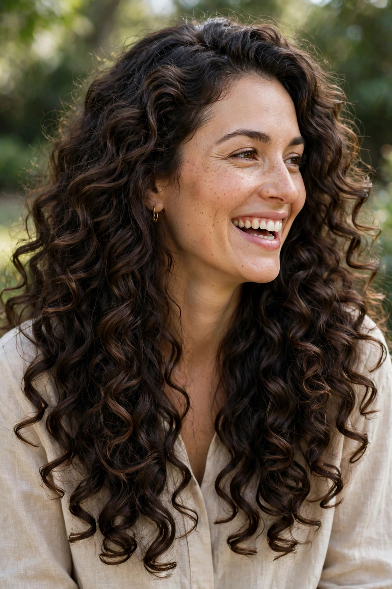 A woman with long thick curly hair in a shaped, cascading cut, laughing softly outdoors in gentle daylight with blurred greenery behind her, showing defined curls without a triangular silhouette.
