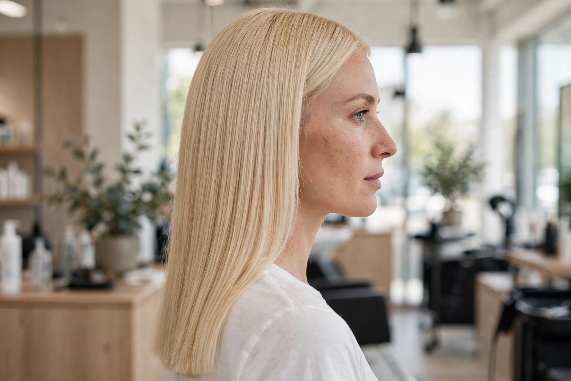 A woman with long, fine blonde hair cut with a blunt, full perimeter, photographed in a bright salon from the side, showing smooth, dense ends falling past her shoulders, wearing a soft white top.