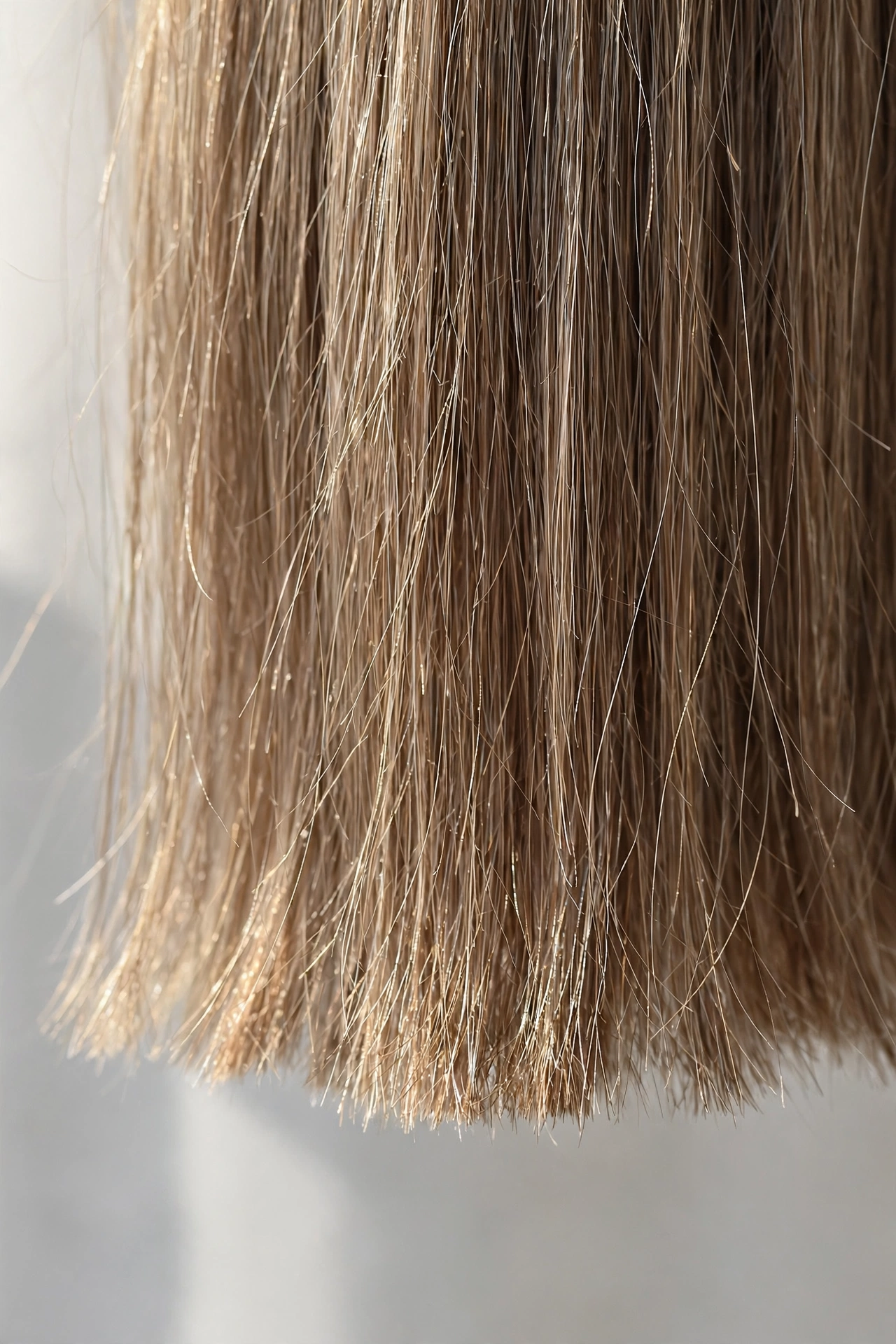 A close-up of fine long hair ends in natural window light against a neutral background, light brown to dark blonde hair with somewhat wispy ends in sharp focus.