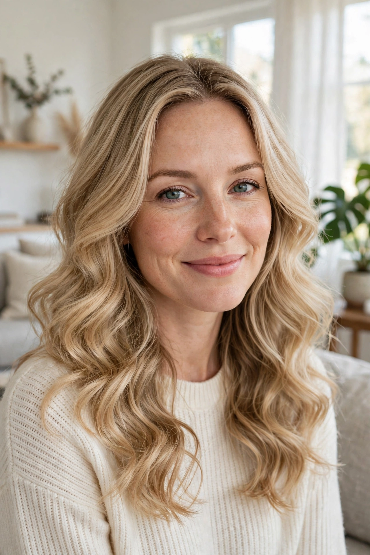 A woman with long fine hair styled in soft waves, smiling gently in a bright living room, shown from the shoulders up, with the waves adding visible width and fullness.