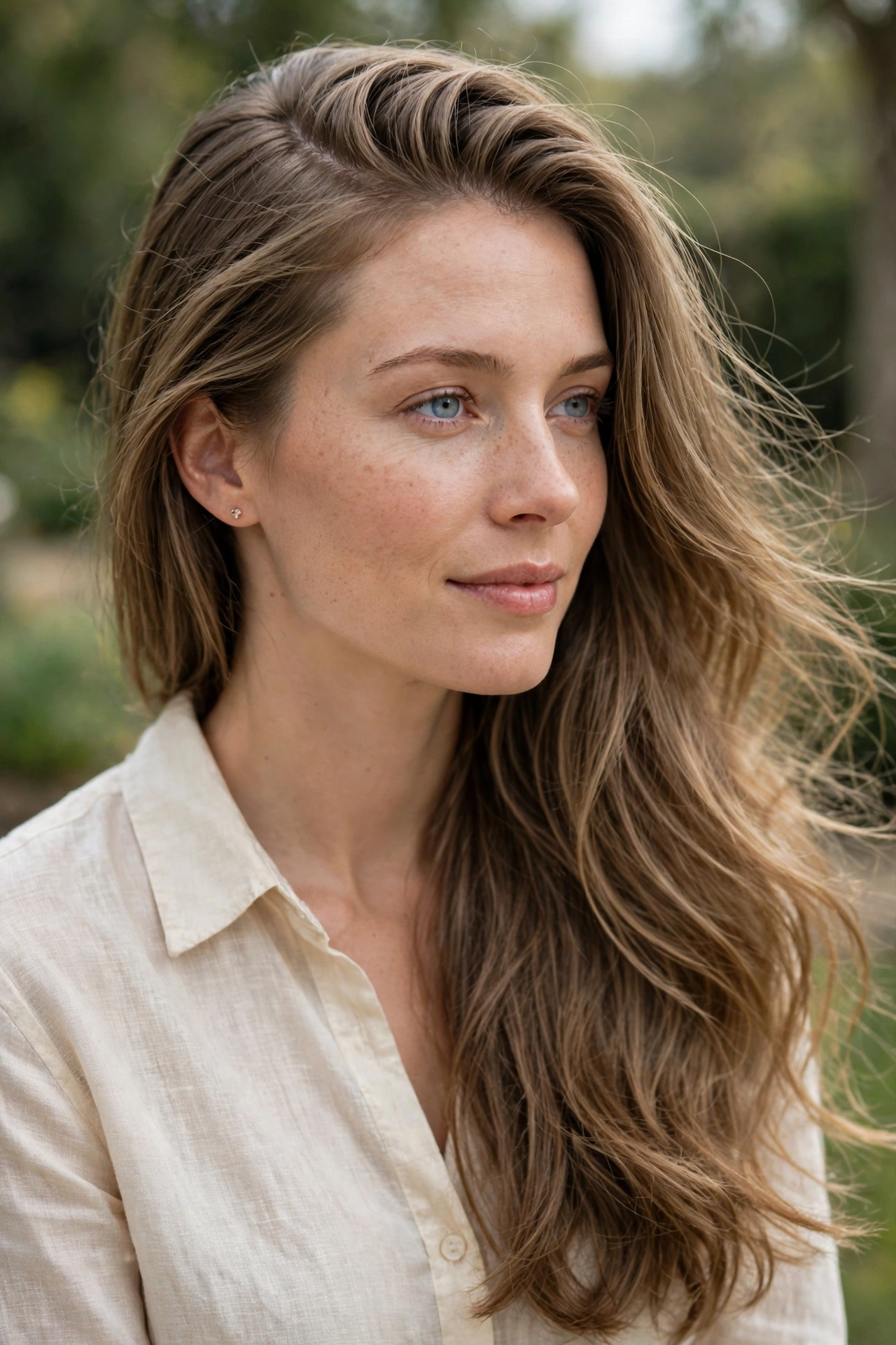 A woman with long fine light brown hair and a deep side part, photographed outdoors in soft daylight, showing root lift and a full, swinging fall on one side, wearing a cream linen shirt and a small stud earring.