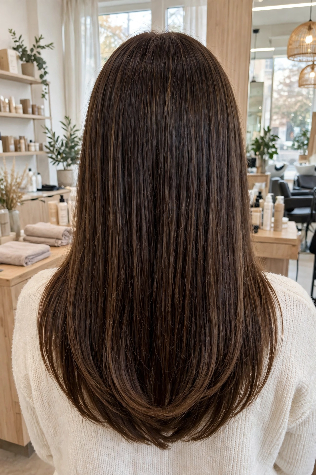 Back view of a woman with long fine dark brown hair in a shallow U-shaped cut, standing in a bright salon, showing the gentle curve and centre length, wearing a cream knit sweater.