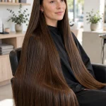 A woman with very long, healthy brown hair sitting in a salon chair with a freshly trimmed even hem, wearing a black salon cape, photographed in bright, natural salon light, showing the long, glossy lengths.