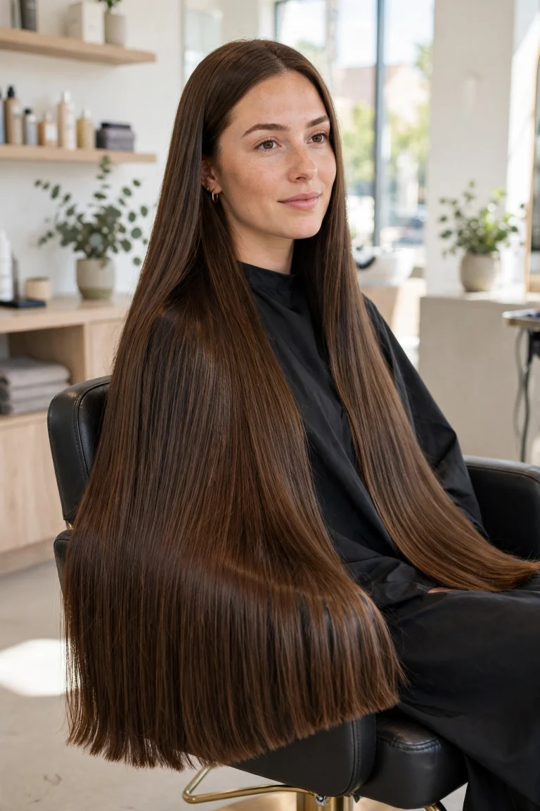 A woman with very long, healthy brown hair sitting in a salon chair with a freshly trimmed even hem, wearing a black salon cape, photographed in bright, natural salon light, showing the long, glossy lengths.