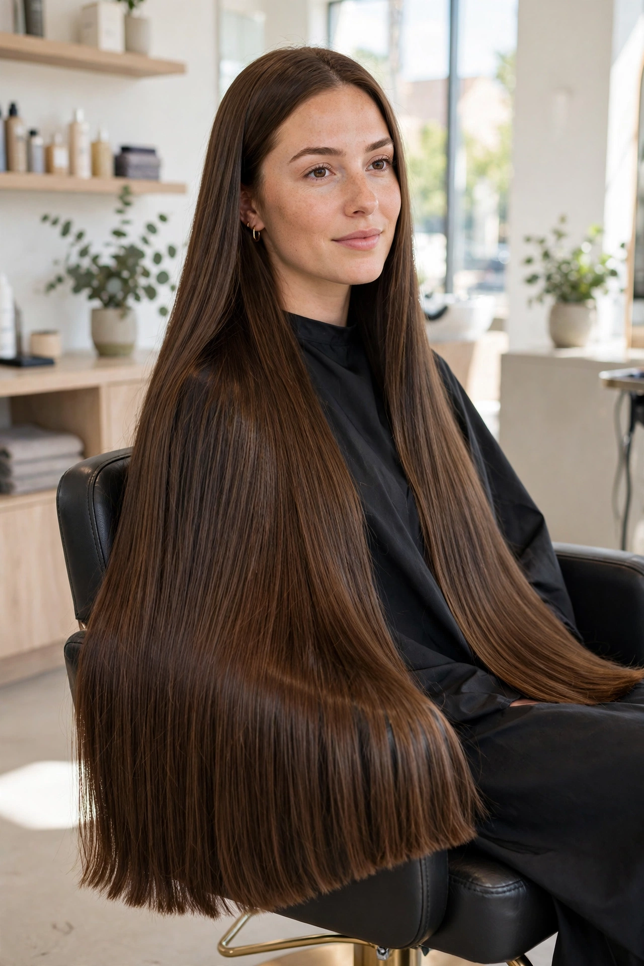 A woman with very long, healthy brown hair sitting in a salon chair with a freshly trimmed even hem, wearing a black salon cape, photographed in bright, natural salon light, showing the long, glossy lengths.