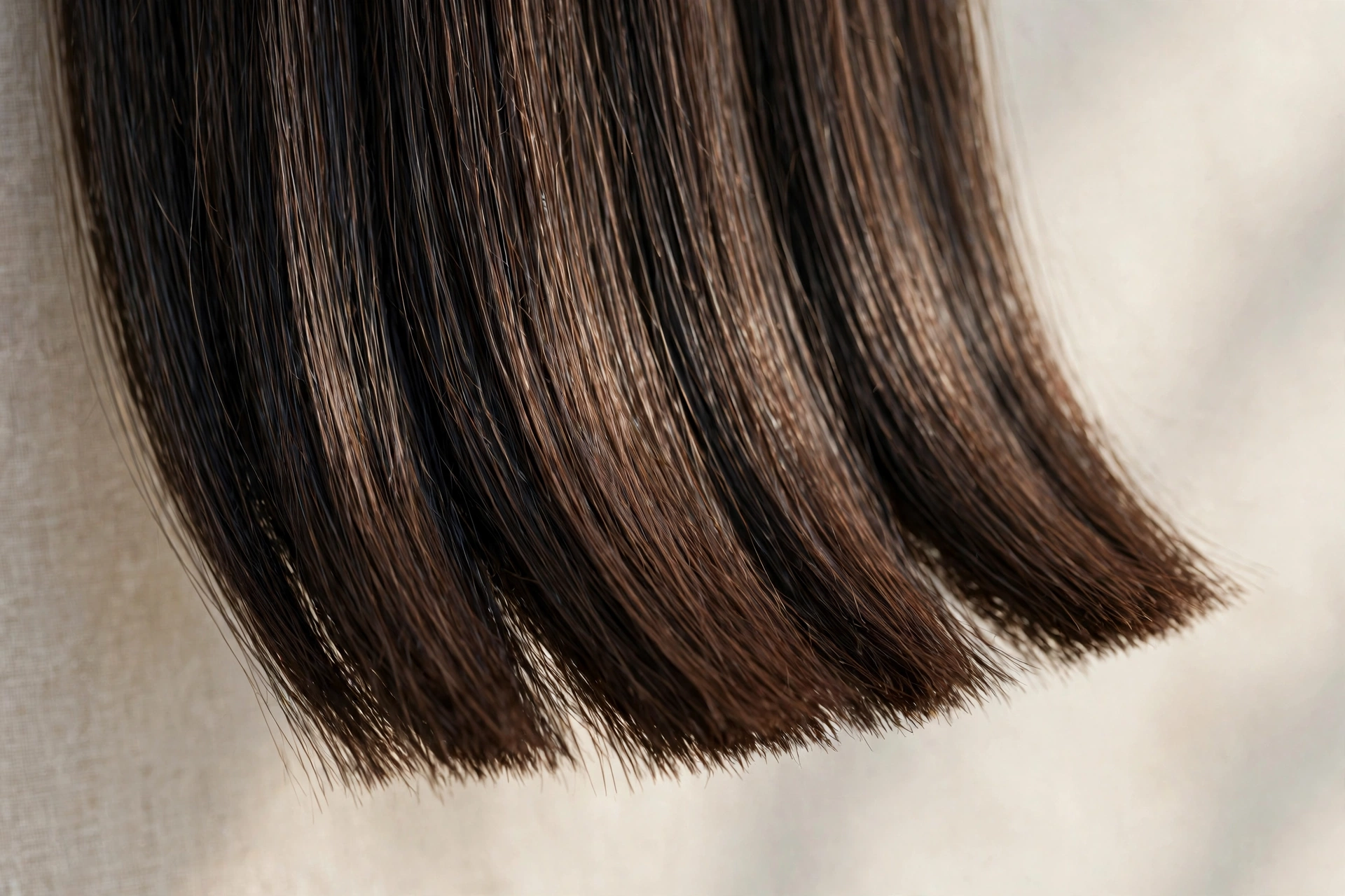 A close-up of freshly trimmed long hair ends, smooth and even, photographed against a soft neutral background in natural light, showing healthy, split-free tips.