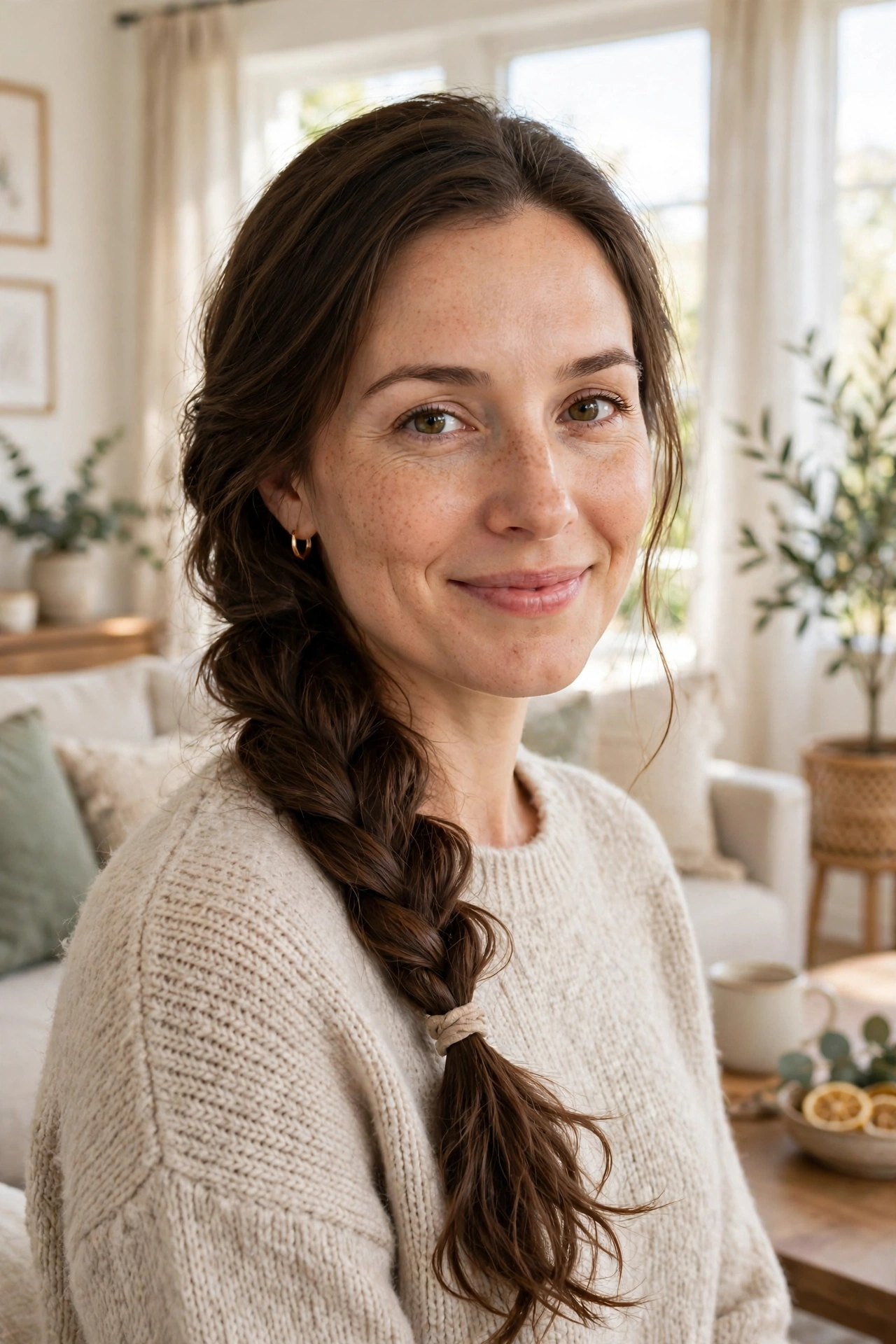 A woman with long hair in a loose braid, smiling softly in a bright living room, shown from the shoulders up, illustrating a protective style for healthy growth.