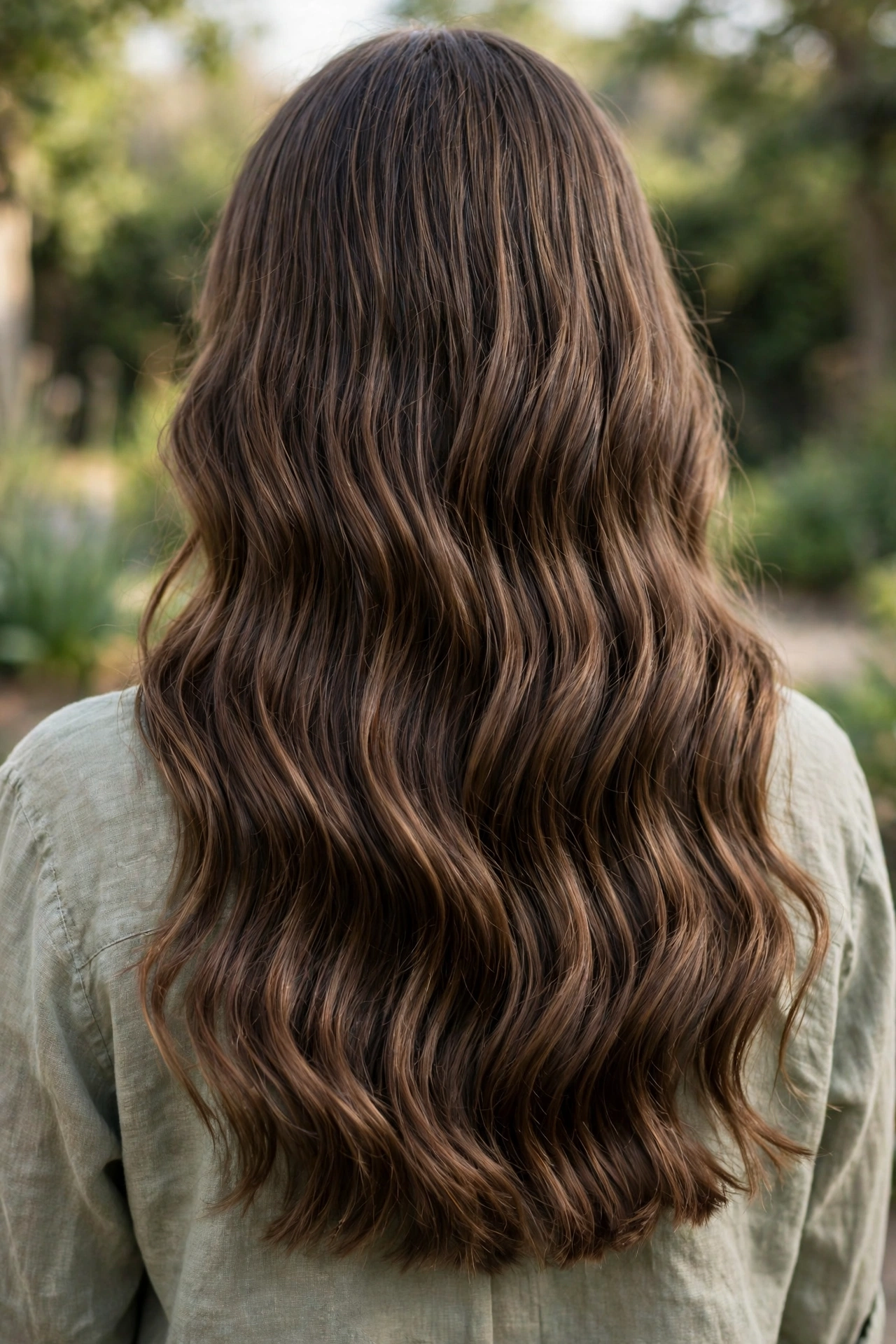 Back view of a woman with long, wavy brown hair with a freshly shaped hem, photographed outdoors in gentle daylight, showing healthy ends through the waves, wearing an olive/sage shirt.