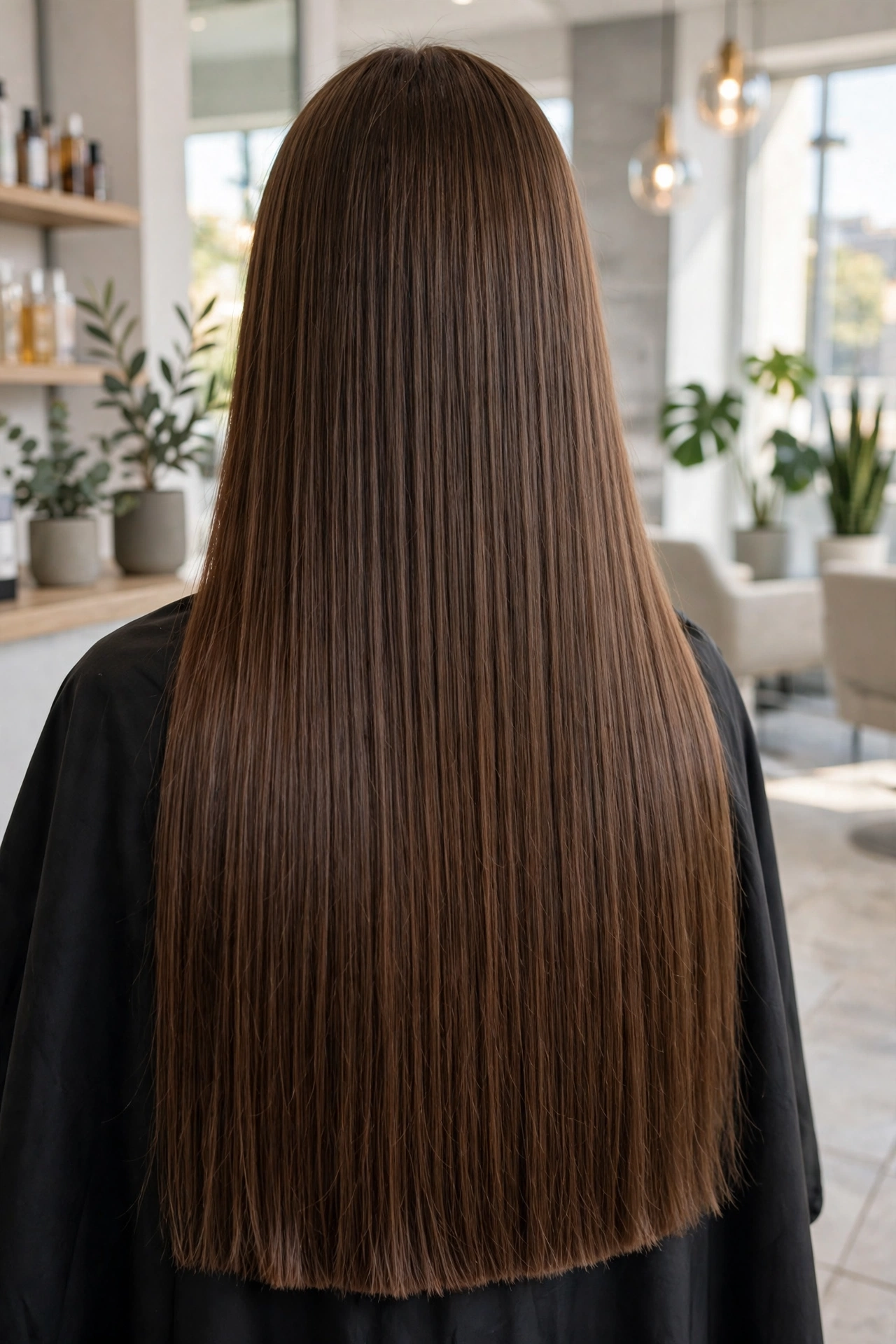Back view of very long straight brown hair with a freshly trimmed even hem in a bright salon, the subject wearing a black salon cape.