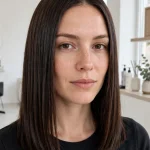 A woman with a straight, shoulder-length blunt lob in glossy dark brown hair, standing in a bright, minimal salon with white walls and soft daylight, shown front-facing from the shoulders up, with the perfectly level hemline and smooth, shiny lengths clearly visible.