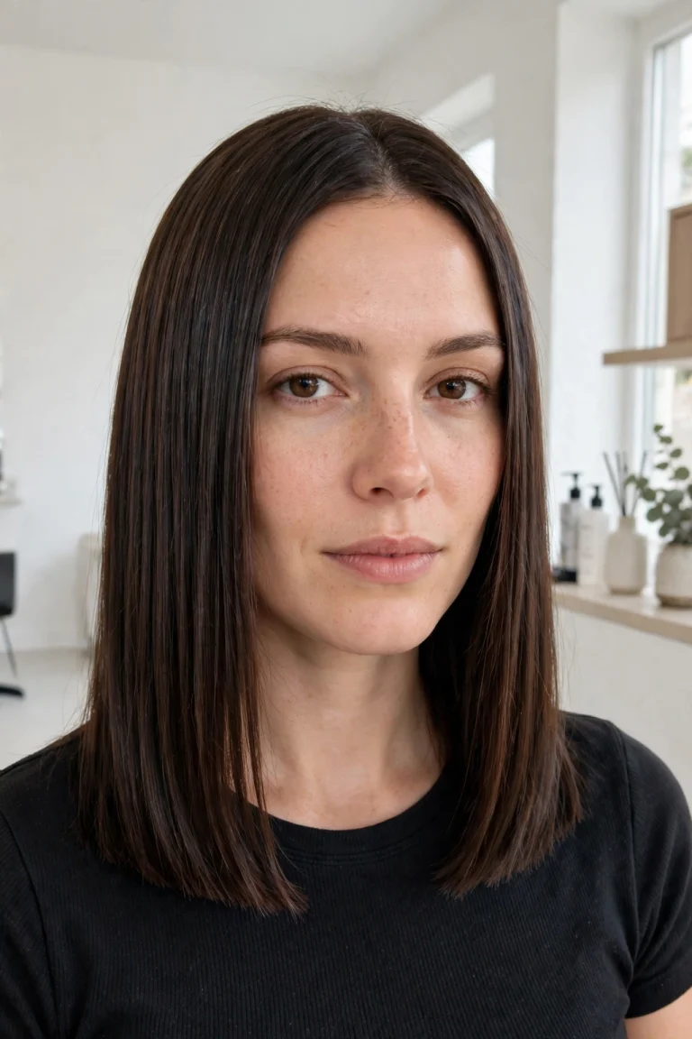 A woman with a straight, shoulder-length blunt lob in glossy dark brown hair, standing in a bright, minimal salon with white walls and soft daylight, shown front-facing from the shoulders up, with the perfectly level hemline and smooth, shiny lengths clearly visible.