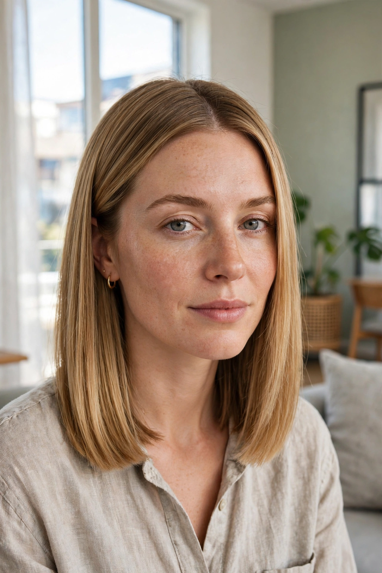 A woman with a centre-parted blunt midi cut in warm blonde hair, sitting by a bright window in a modern living room, shown from the shoulders up, with the symmetrical, even fall of the hair on both sides clearly visible.