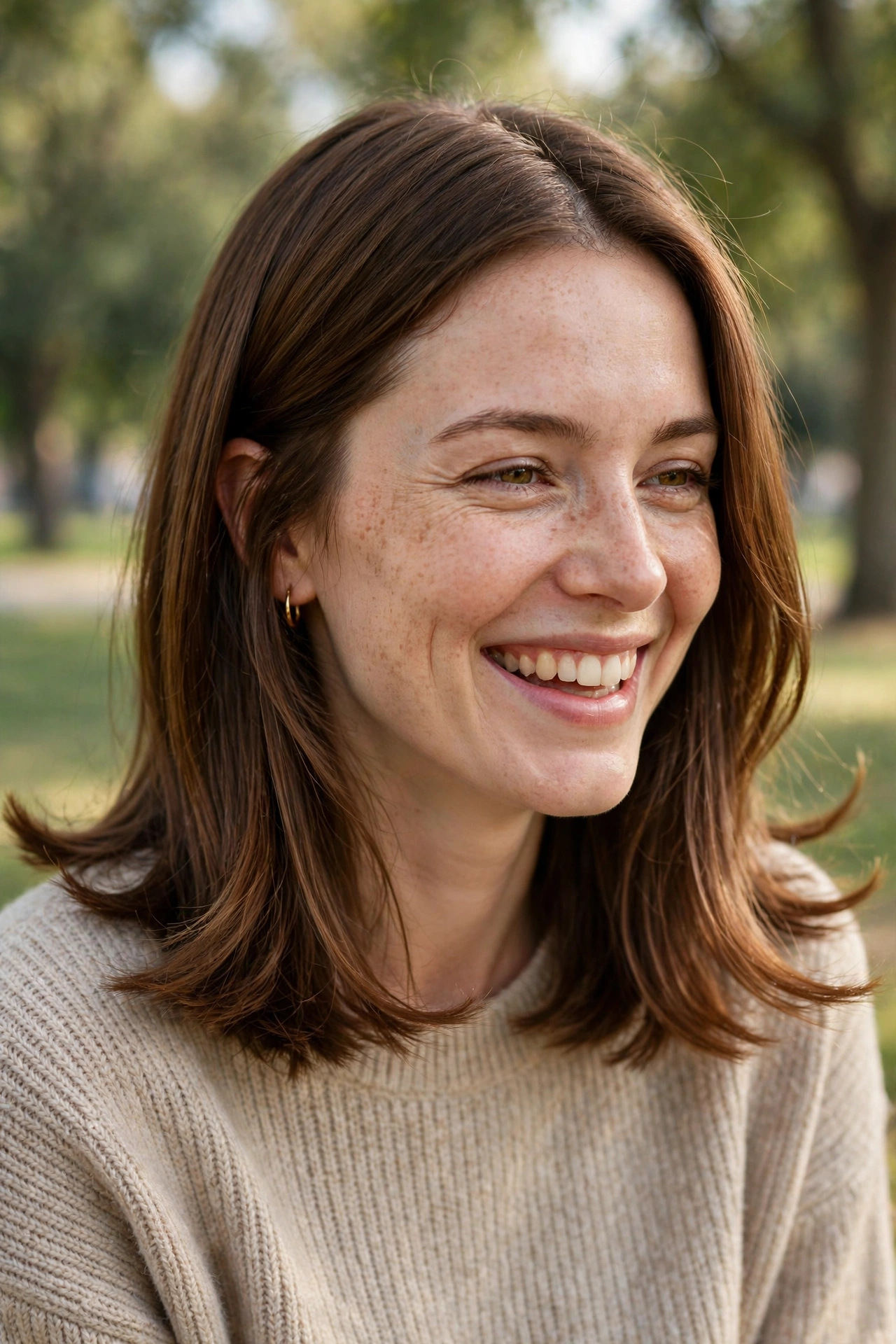 A woman with a blunt lob with flipped-out ends in chestnut brown hair, laughing softly outdoors in gentle daylight with a blurred park background, showing the clean blunt shape with playful outward-flicked tips.