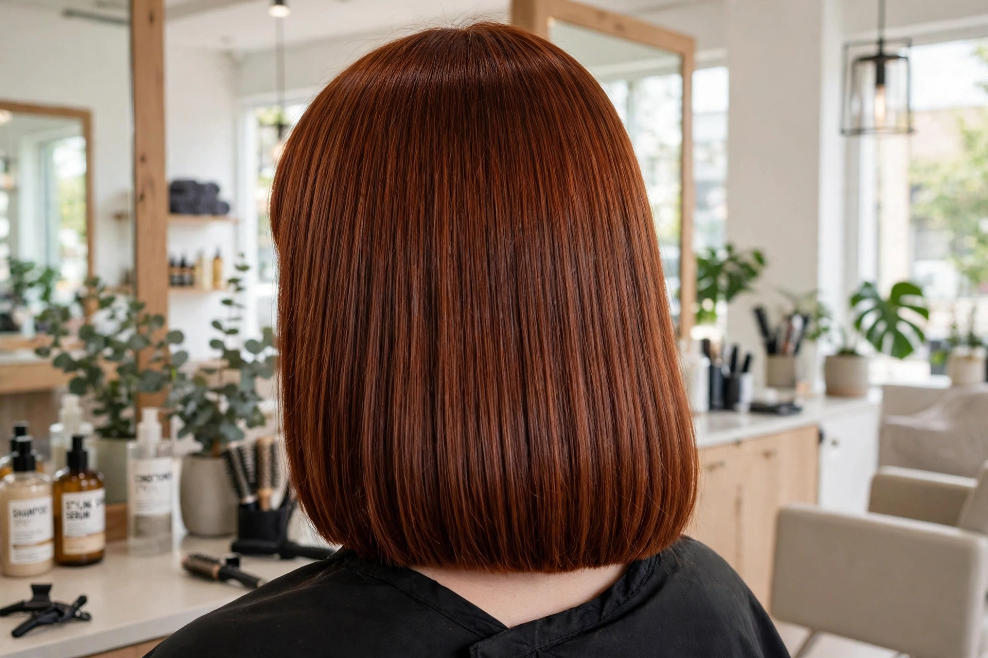 Back view of a woman with a one-length blunt cut in glossy auburn hair, standing in a bright salon, with the straight, thick hemline across the shoulders as the clear focus and smooth, healthy-looking lengths above it.