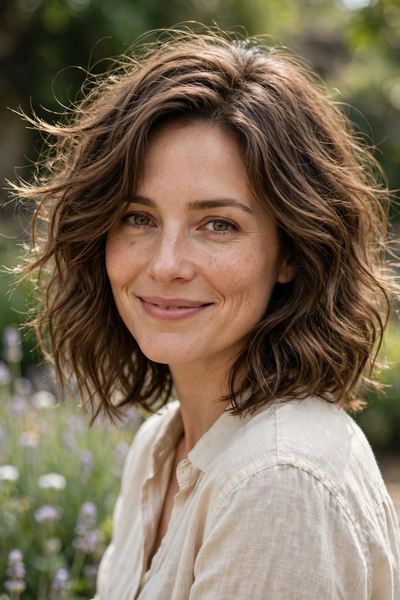 A woman with a textured, shoulder-length cut in soft brown wavy hair, smiling gently outdoors in natural daylight with a blurred garden background, shown from the shoulders up, with piecey, moving ends and a relaxed, casual finish clearly visible.