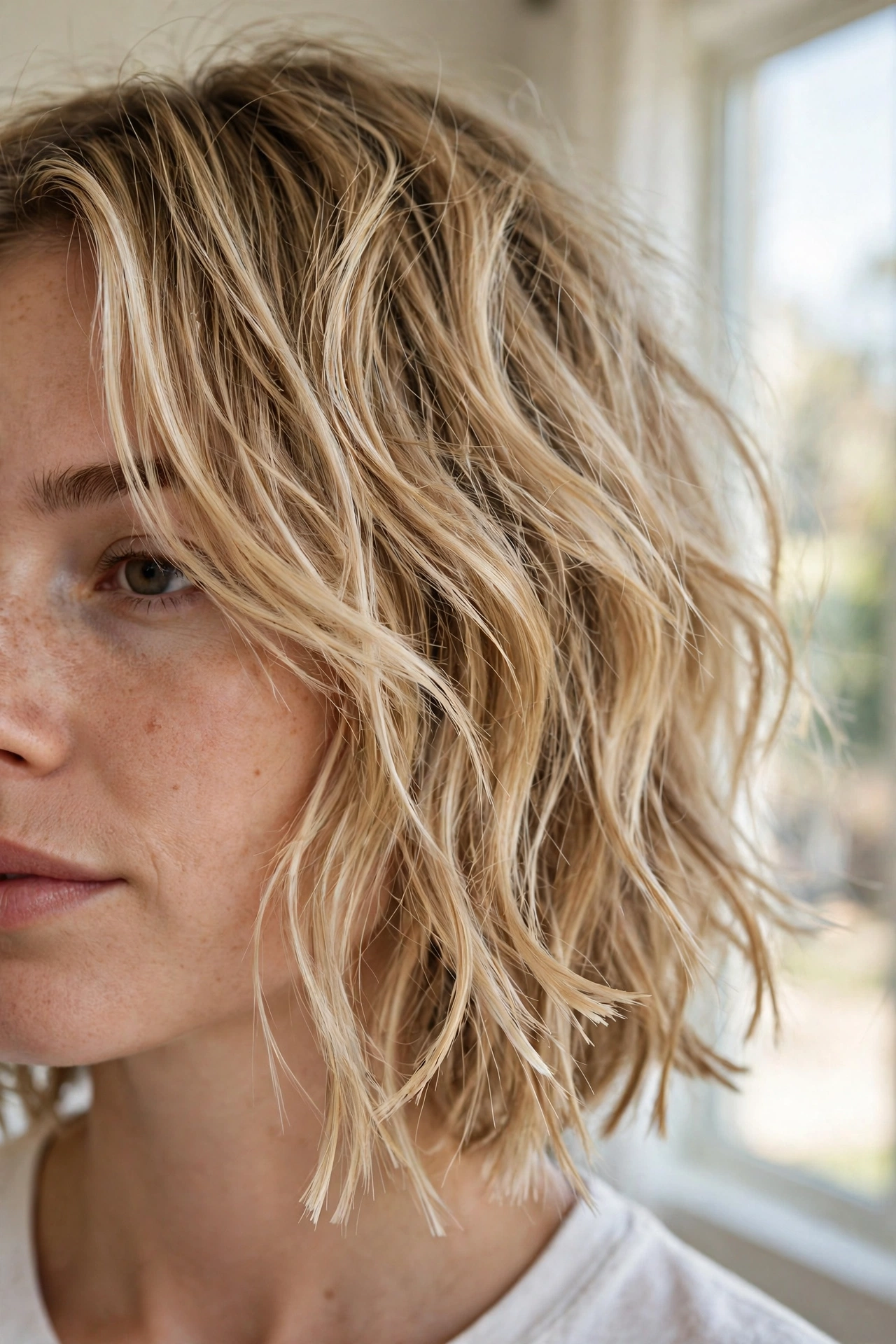 Close-up of a woman with a textured lob in blonde hair with choppy, separated ends, photographed in bright indoor daylight near a window, with the piecey texture and casual movement of the ends in focus.