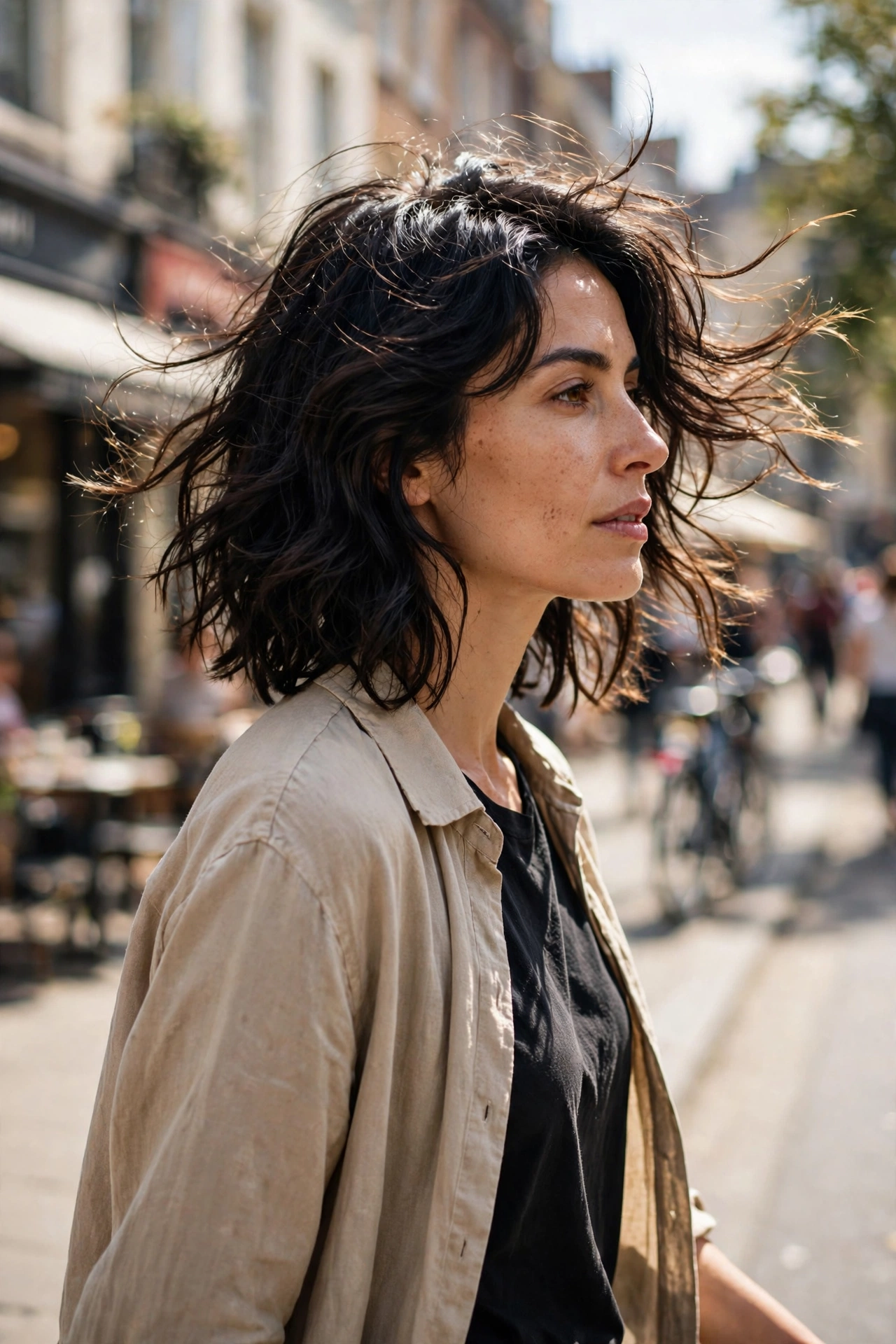 A woman with a textured midi cut in dark wavy hair, walking outdoors on a sunny street with soft, blurred buildings behind her, her hair moving naturally, showing soft layers and an undone, lived-in finish.