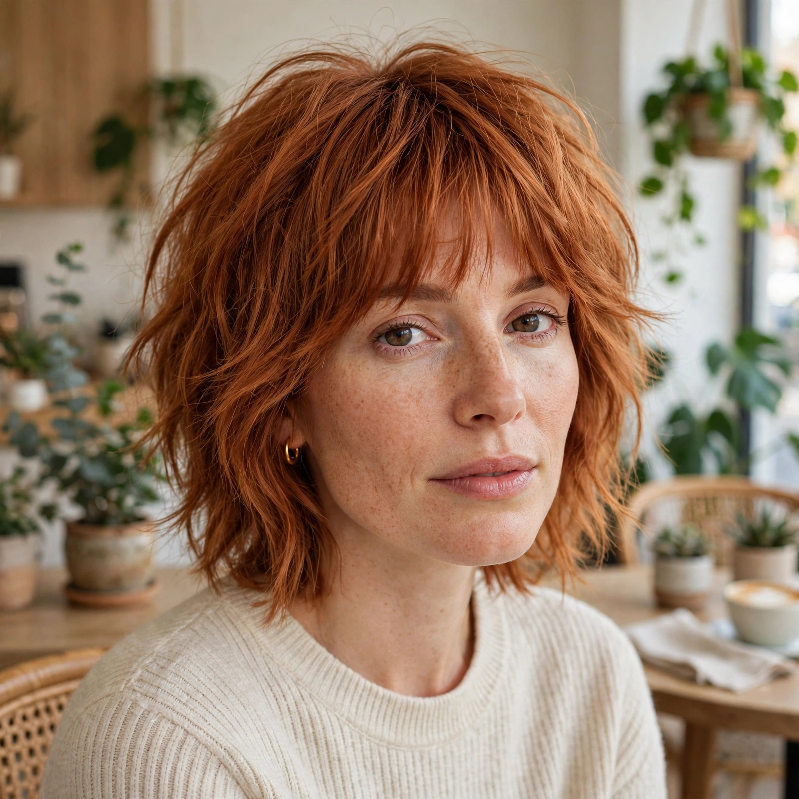 A woman with a textured shaggy midi cut and a soft fringe in copper hair, sitting in a bright, airy café with plants nearby, shown from the shoulders up, with the relaxed fringe and textured lengths in focus.