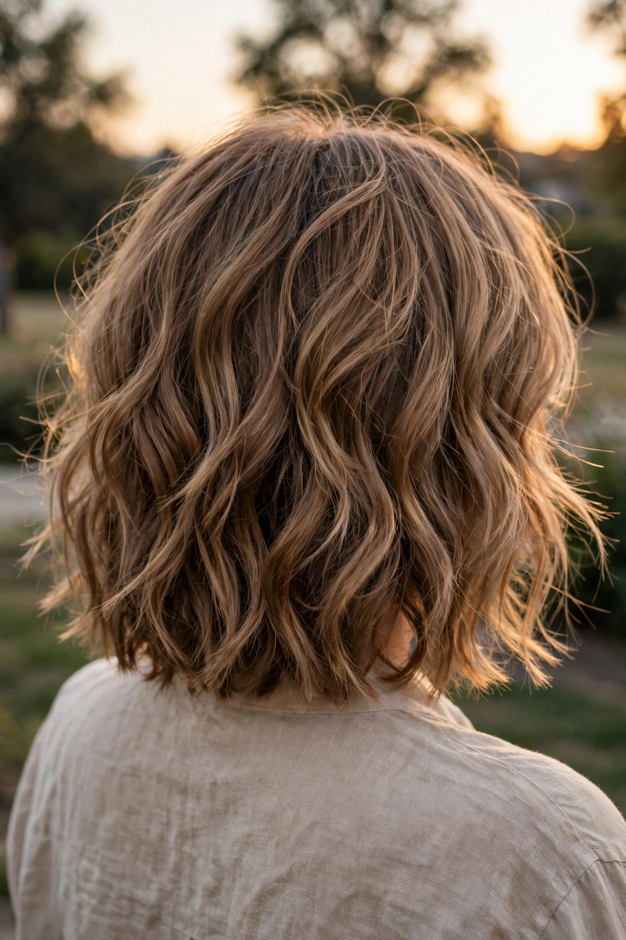 Back view of a woman with a textured shoulder-length cut in light brown hair, standing in soft evening light outdoors, with the separated, wavy ends and natural movement of the cut clearly visible from behind.