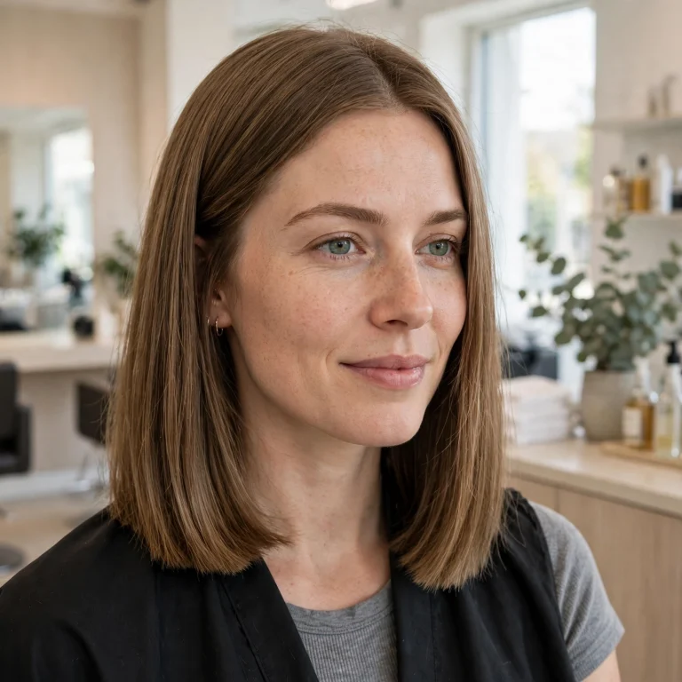 A woman with fine, shoulder-length hair cut in a thick-looking blunt lob in light brown hair, standing in a bright salon with soft daylight, shown from the shoulders up, with the solid, dense-looking hemline clearly visible.