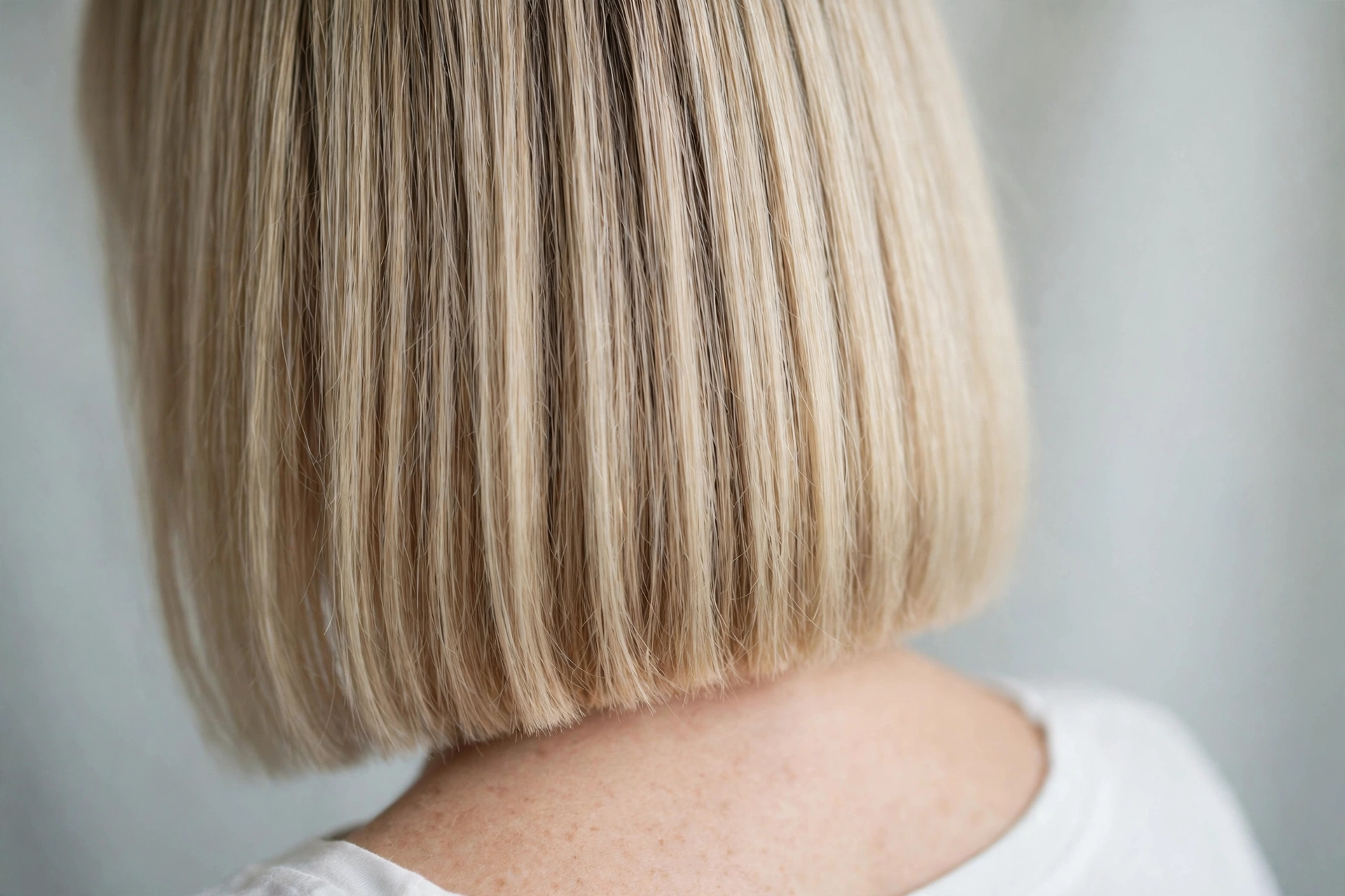 Close-up back view of a woman with a one-length cut in fine blonde hair, photographed in soft studio light, with even, full-looking ends and no tapering.