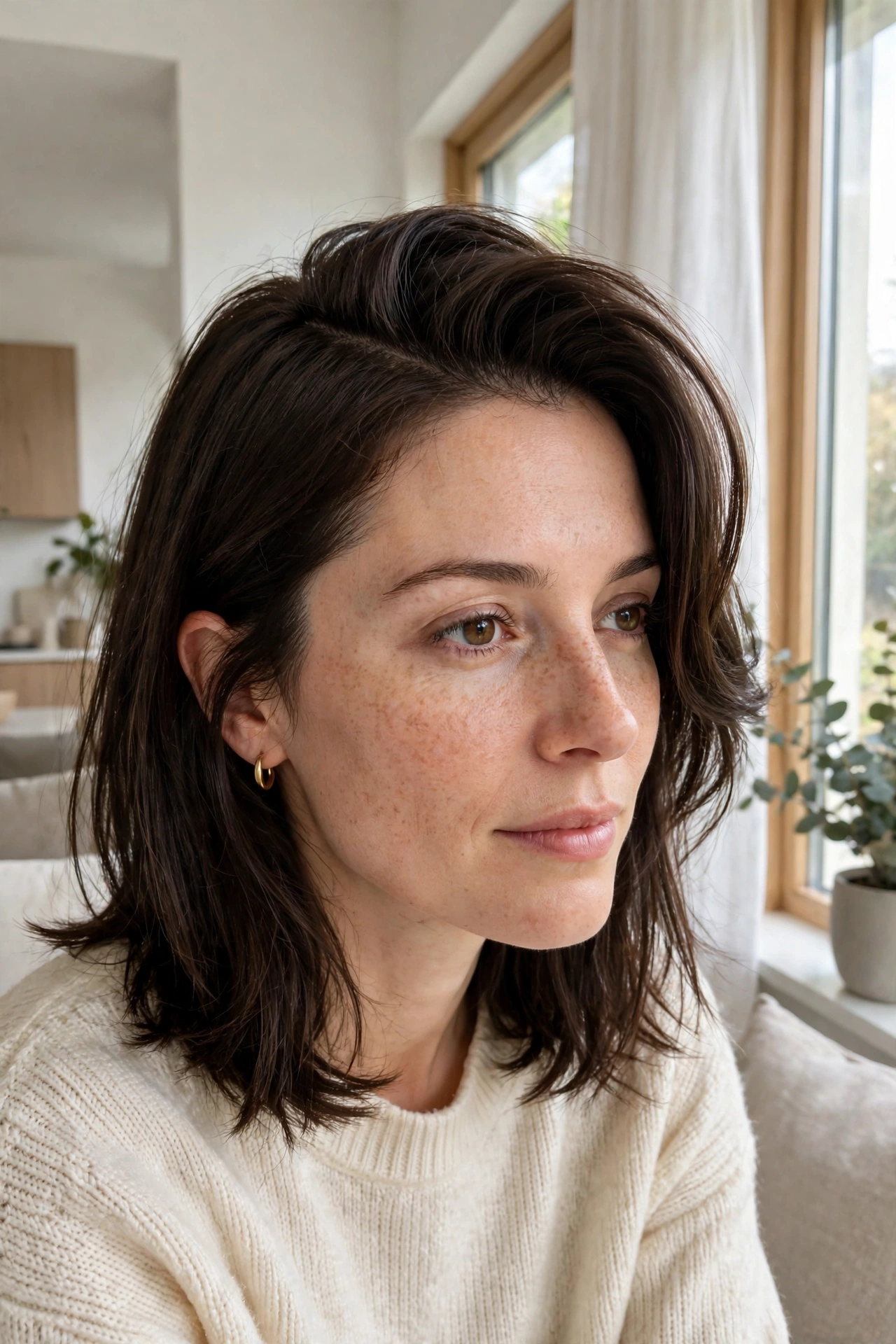 A woman with a deep side-parted shoulder cut in fine dark brown hair, sitting by a bright window in a modern home, with the swept front section and fuller-looking crown clearly visible.