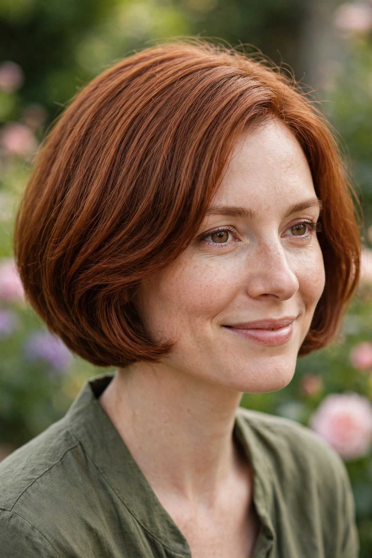 A woman with a rounded bob-lob blend in fine auburn hair, smiling softly outdoors in gentle daylight with a blurred garden background, with the compact, dense silhouette of the cut in focus.