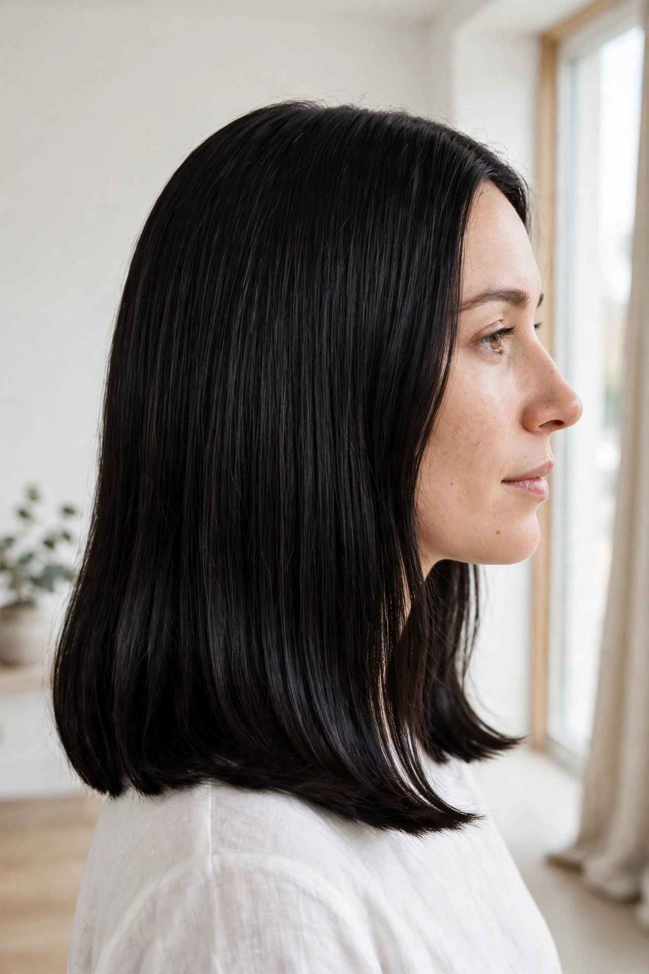 A woman with a glossy, smooth blow-dried midi cut in fine black hair, shown from the side in a bright, minimal room, with shiny, even lengths and thick-looking ends clearly visible.
