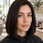 A woman with thick, shoulder-length hair in a beautifully shaped midi cut in dark brown hair, standing in a bright salon with soft daylight, shown from the shoulders up, with the balanced, structured silhouette and smooth, dense lengths clearly visible.