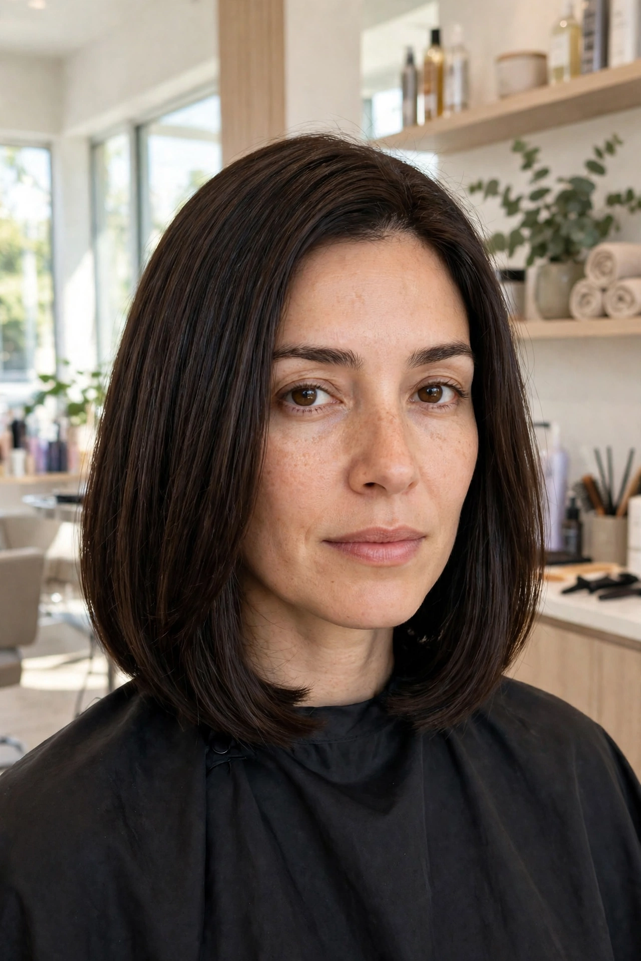 A woman with thick, shoulder-length hair in a beautifully shaped midi cut in dark brown hair, standing in a bright salon with soft daylight, shown from the shoulders up, with the balanced, structured silhouette and smooth, dense lengths clearly visible.