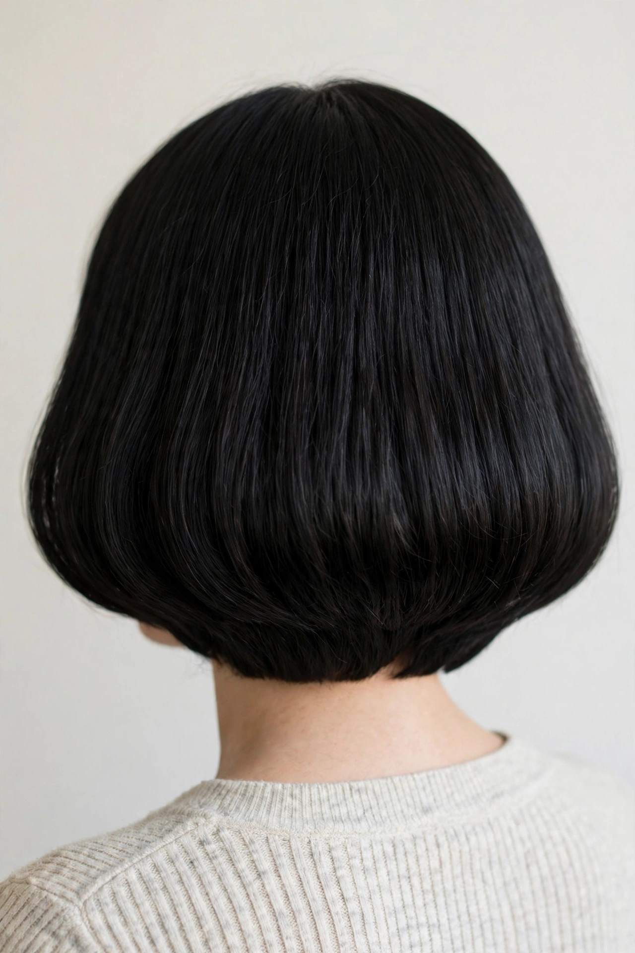 Back view of a woman with a shaped lob in thick black hair, photographed in soft studio light against a pale background, with the tapered, tidy perimeter and full, even density in focus.