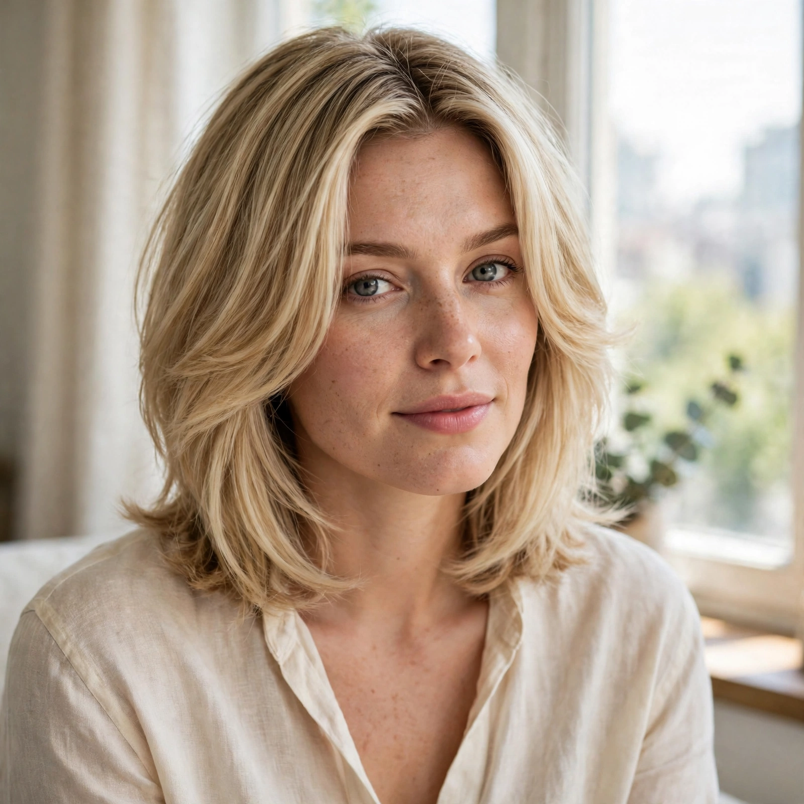 A woman with a shaped shoulder cut with face-framing shaping in thick blonde hair, sitting by a bright window, shown from the shoulders up, with the open, flattering front shape clearly visible.