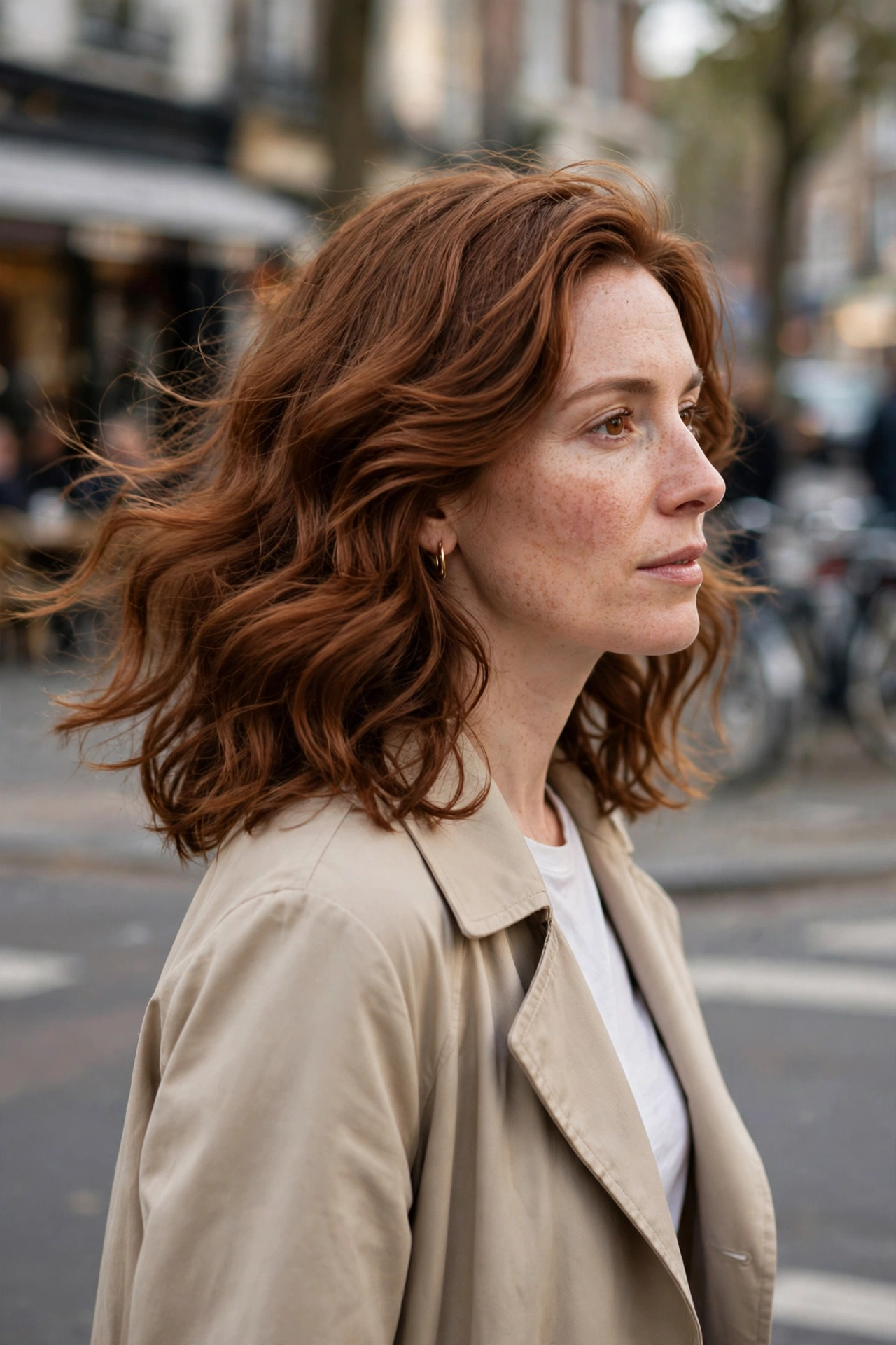 A woman with a shaped midi cut in thick wavy auburn hair, walking outdoors in gentle daylight with a blurred street background, with waves falling in a balanced, non-bulky shape.