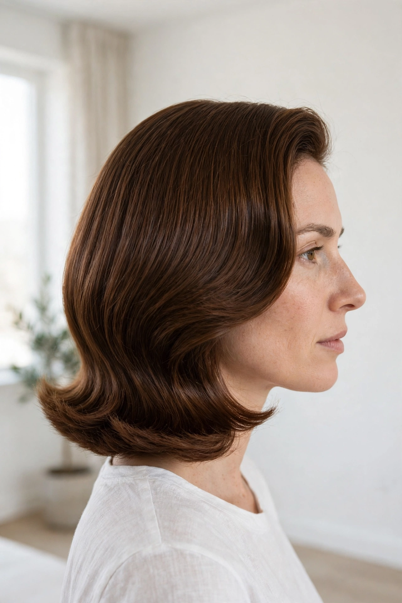 Side profile of a woman with a sleek blowout-shaped lob in thick chestnut hair, photographed in a bright, minimal room, with the smooth, controlled shape and polished finish in focus.