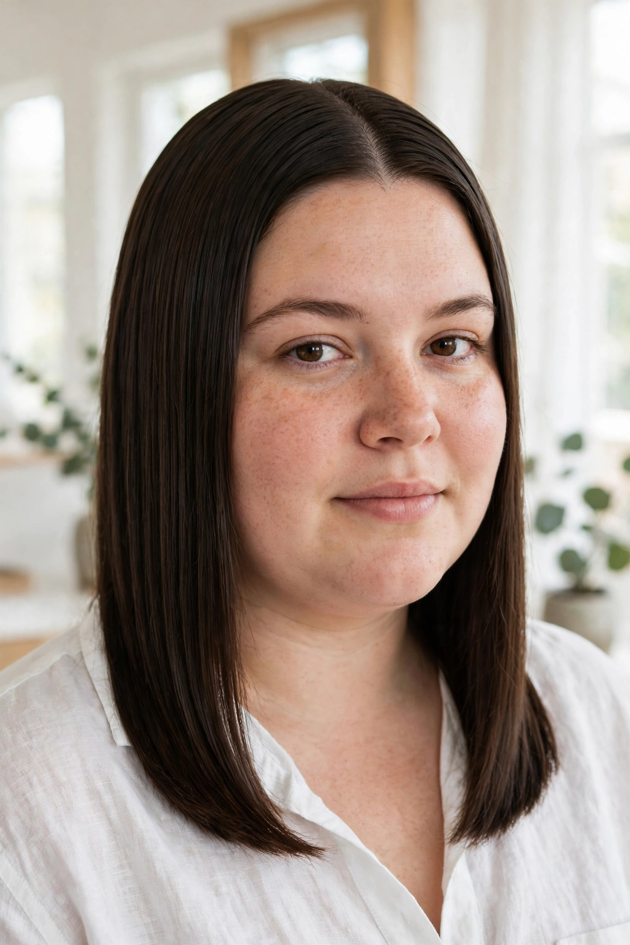 A woman with a round face and a sleek, centre-parted lob in dark brown hair falling past her chin, standing in a bright room with soft daylight, shown from the shoulders up, wearing a white shirt, with the long vertical lines of the cut elongating her face.