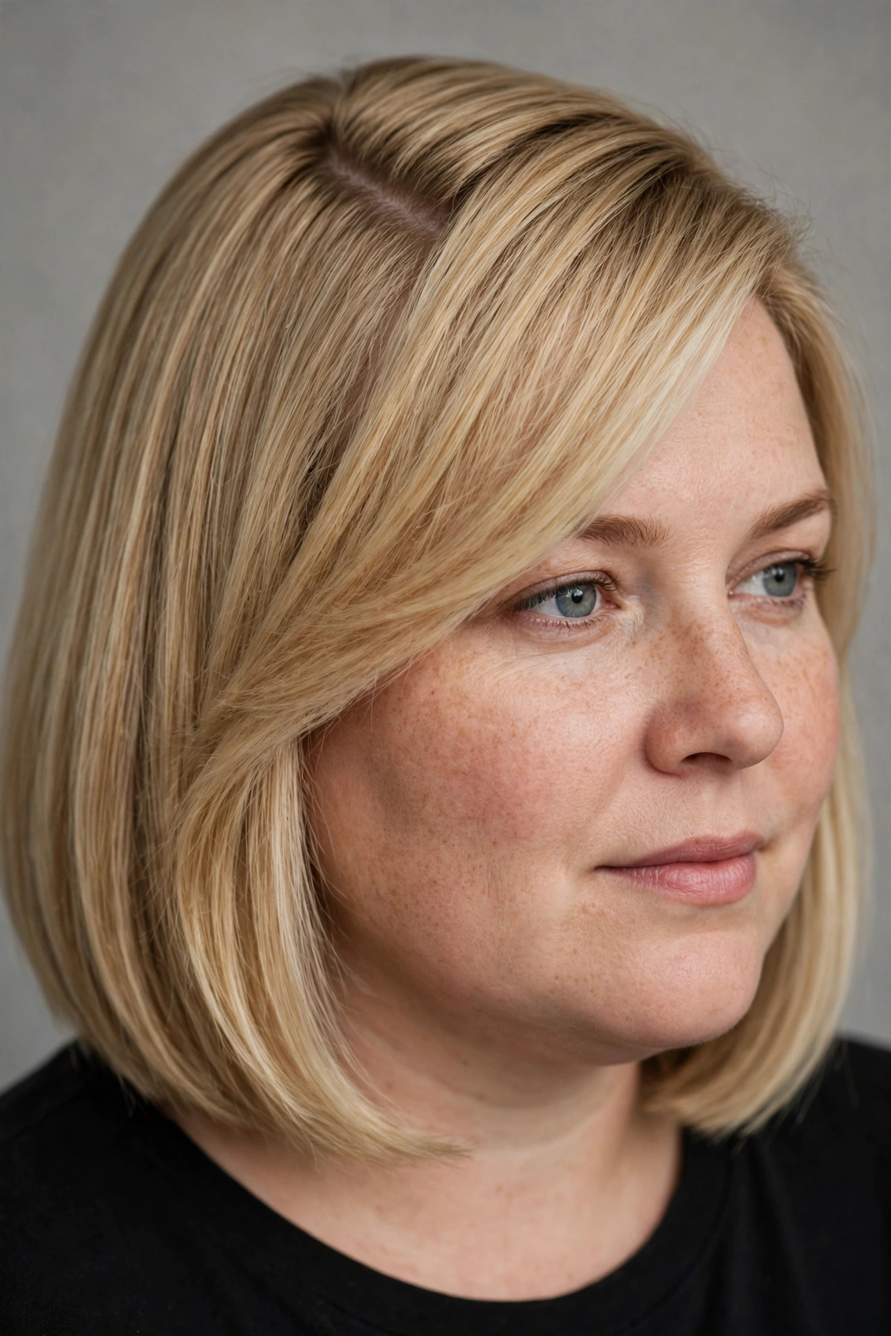 A woman with a round face and a deep side-parted cut in blonde hair, photographed in soft studio light, the swept front section and diagonal line across the forehead clearly visible, wearing a black top.