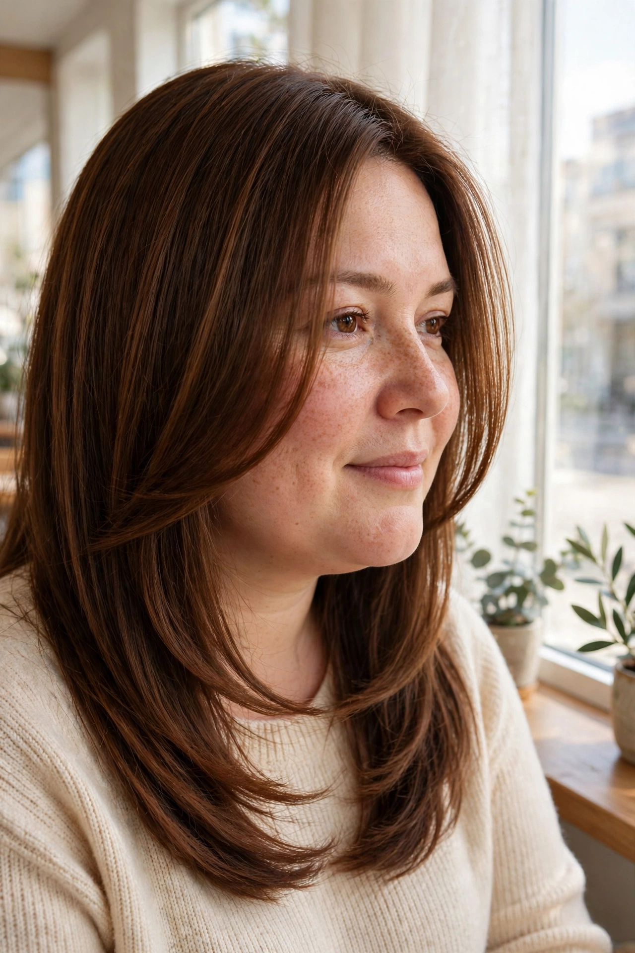 A woman with a round face and long angled face-framing pieces in chestnut hair, sitting by a bright window, the angled pieces slimming her cheeks.