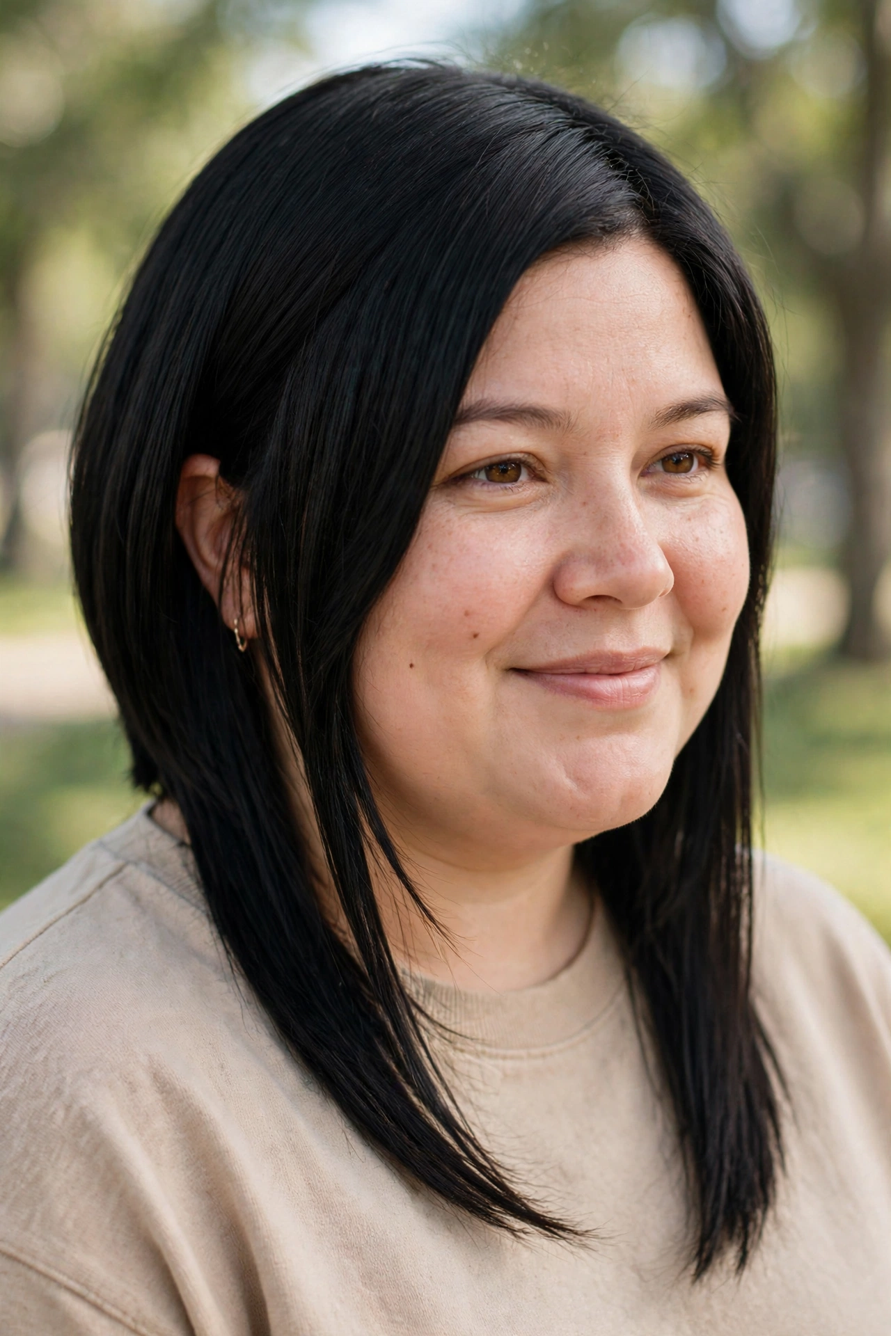 A woman with a round face and a forward-angled lob in black hair, smiling softly outdoors in gentle daylight with a blurred background, the longer front pieces drawing the eye downward.